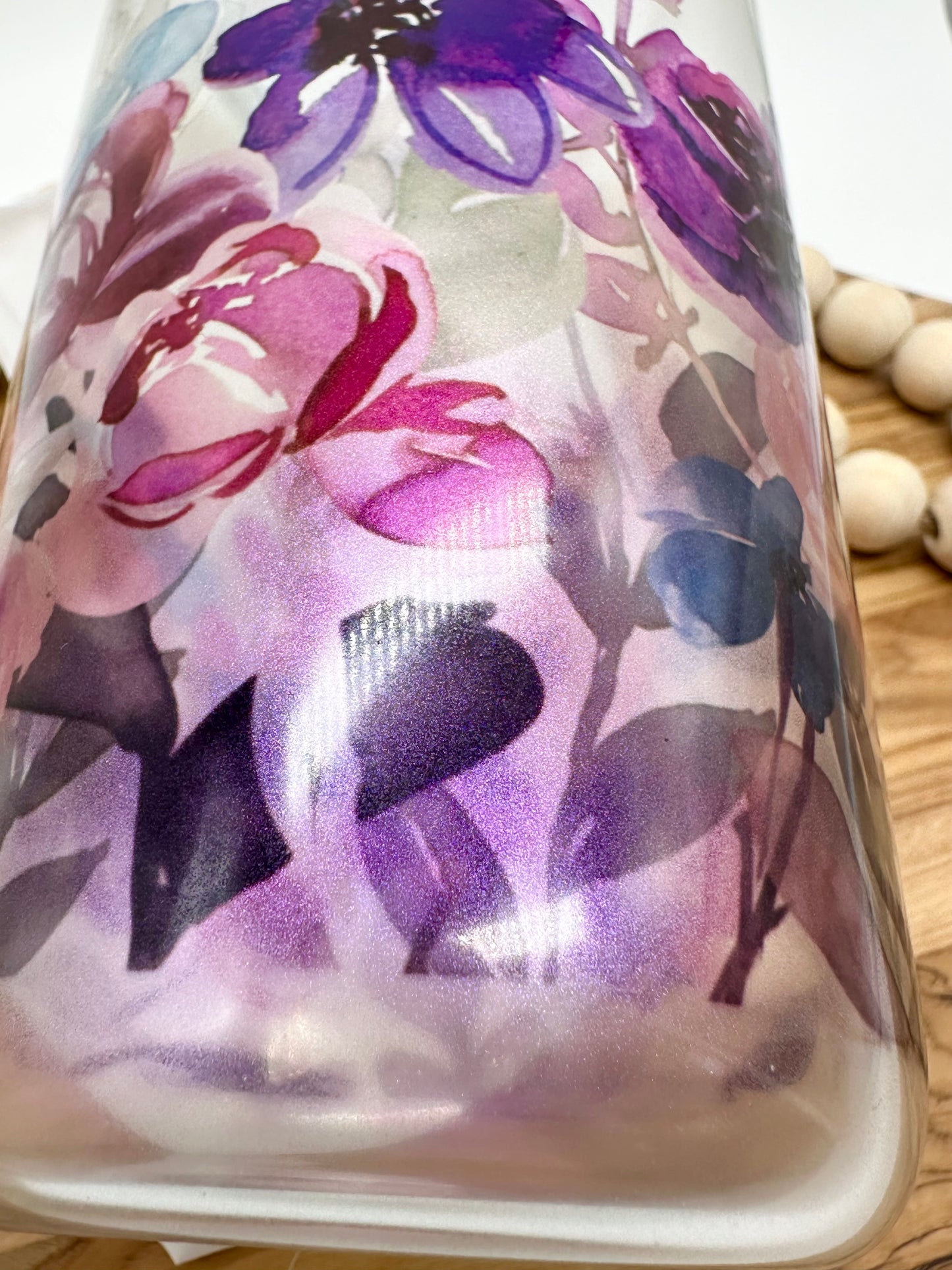 Purple Floral Shimmer Glass Tumbler