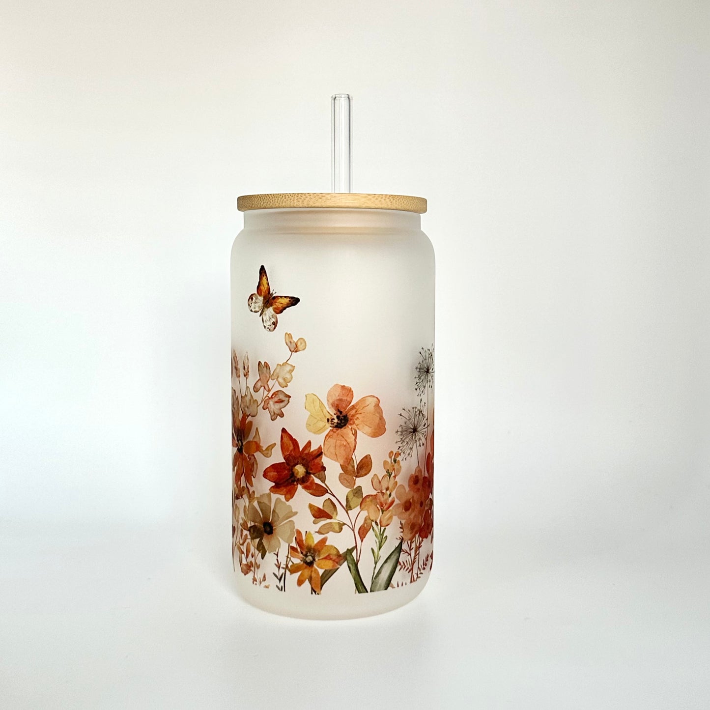 Fall Wildflower Frosted Glass Can with Bamboo Lid and Glass Straw