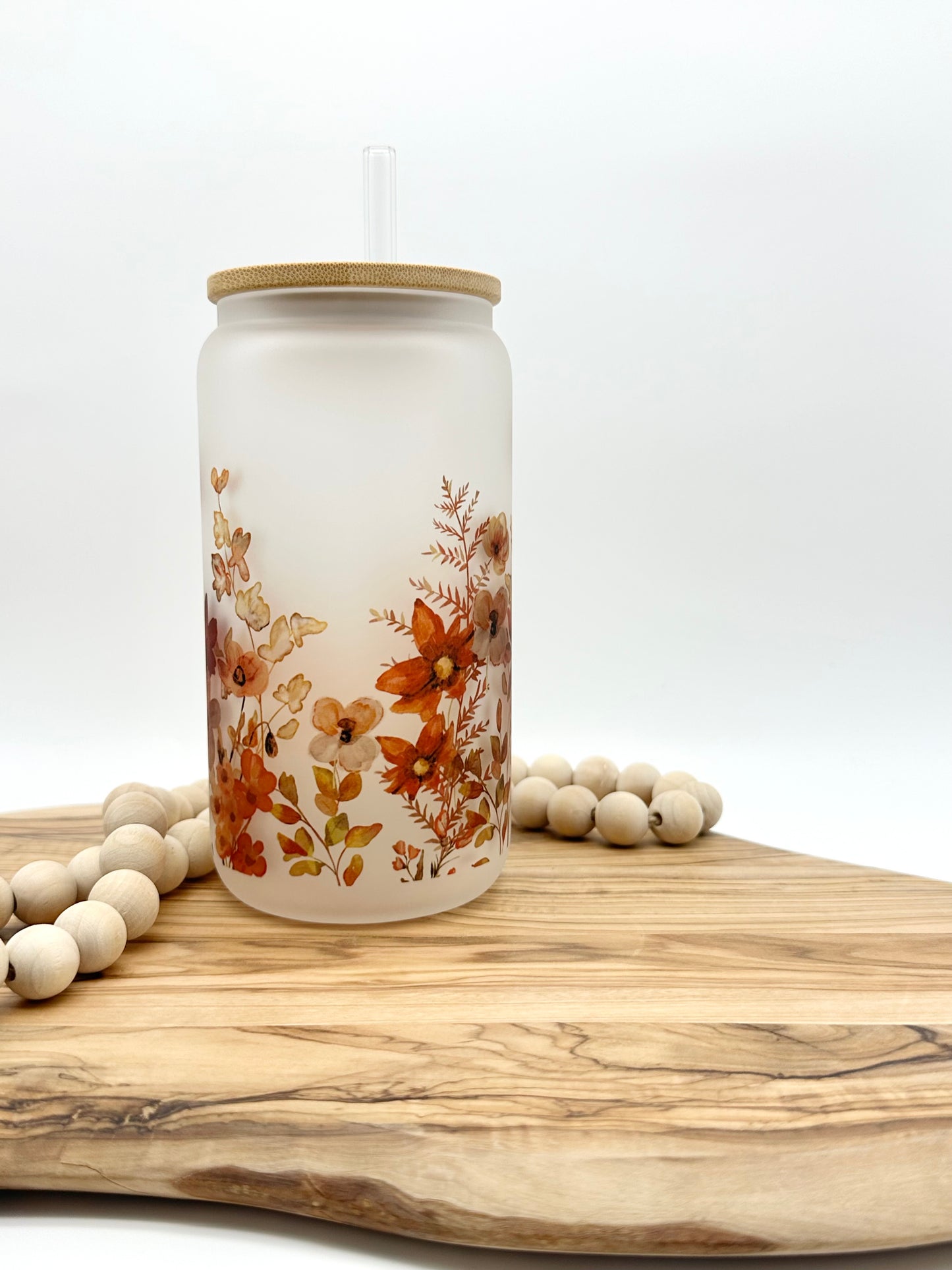 Fall Wildflower Frosted Glass Can with Bamboo Lid and Glass Straw