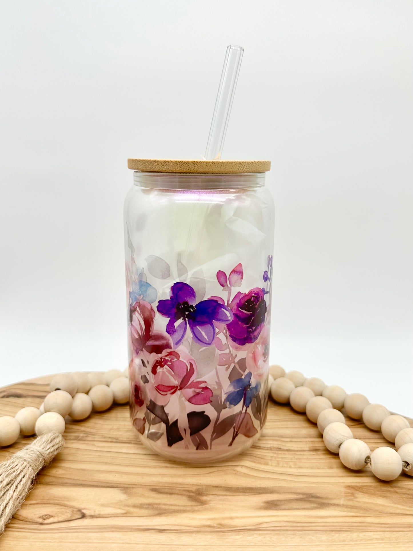 Purple Floral Shimmer Glass Tumbler