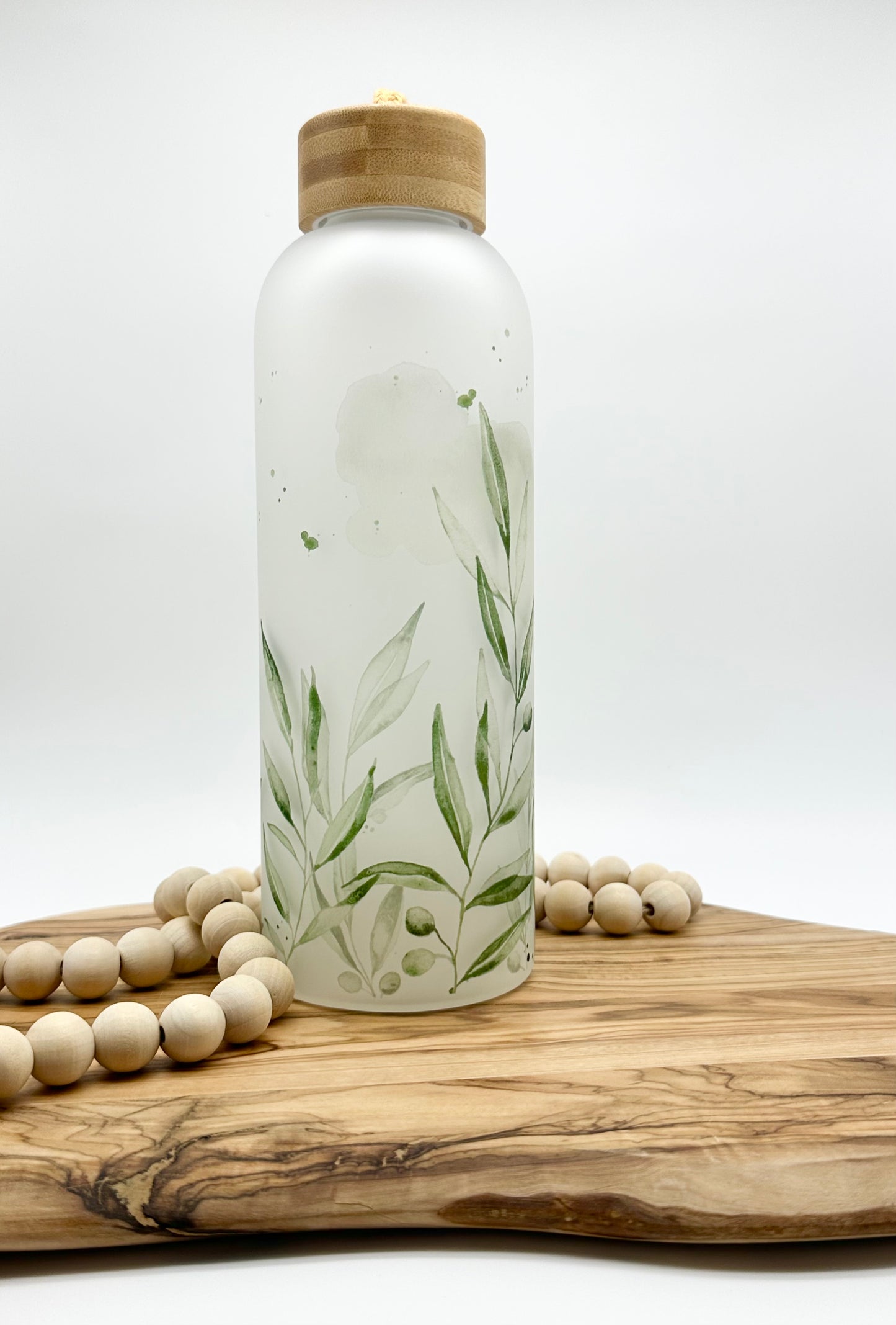 Olive Leaf Glass Water Bottle