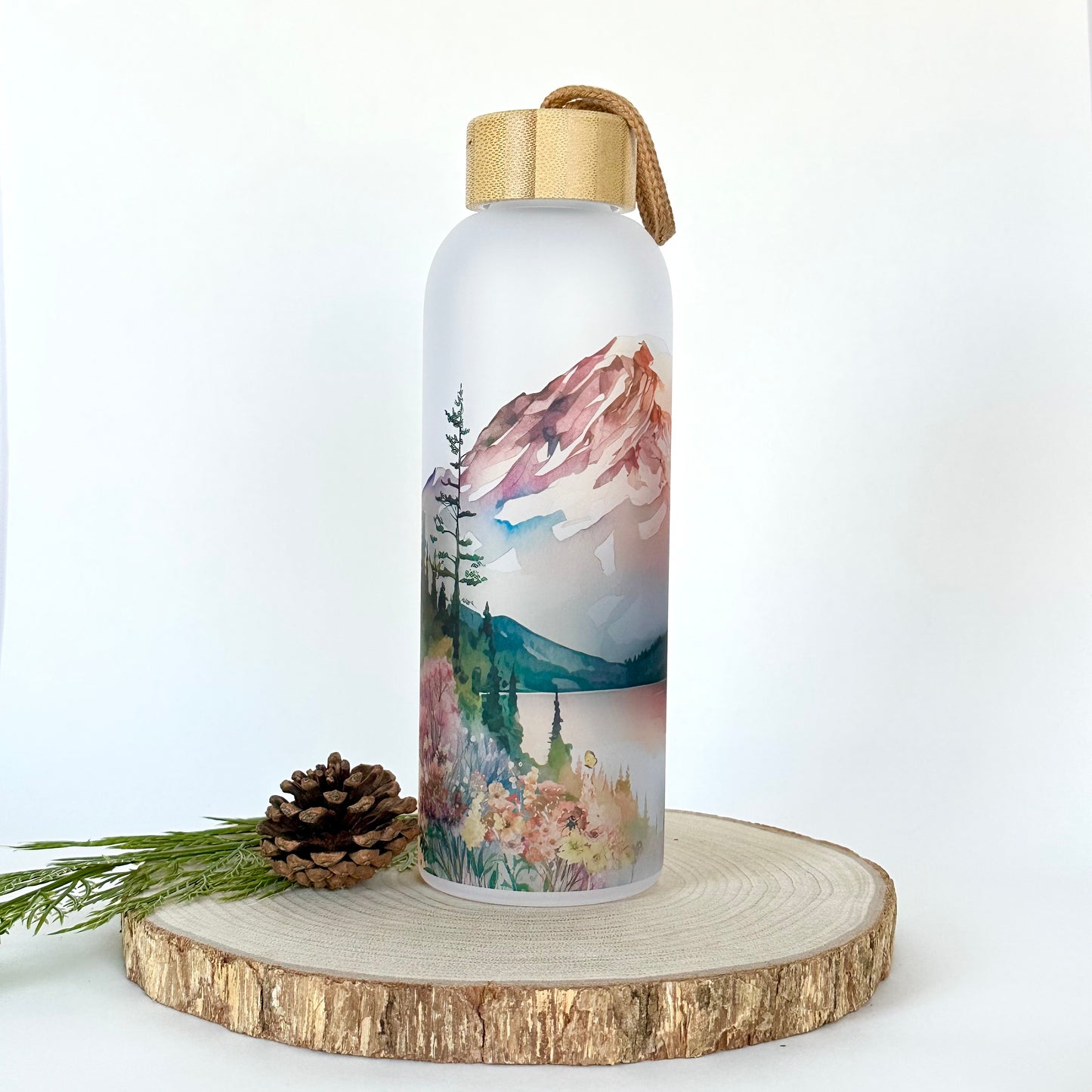 Mountain Landscape Glass Water Bottle