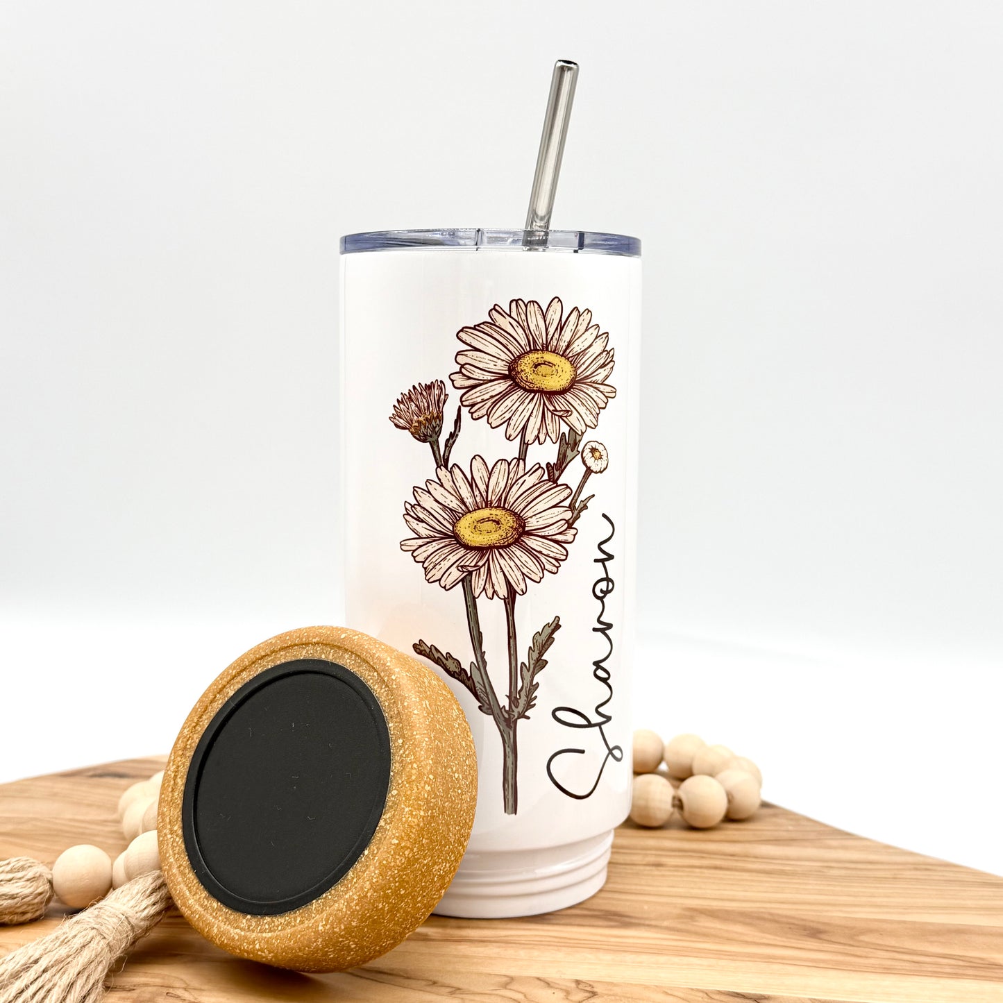 Personalized Birth Flower Tumbler- 17oz Insulated Tumbler with Cork Bottom