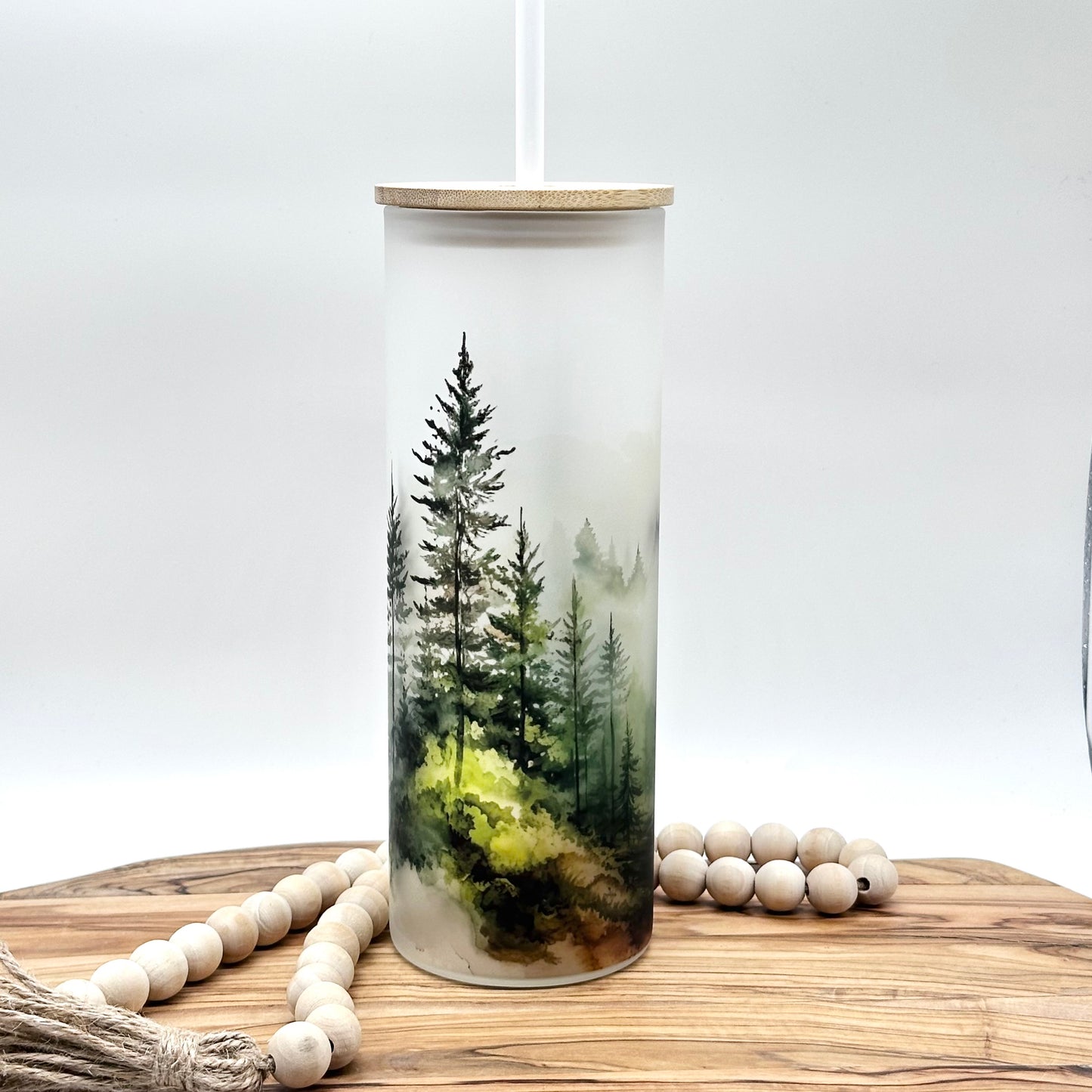 20oz Glass Tumbler with Watercolor Forest Print