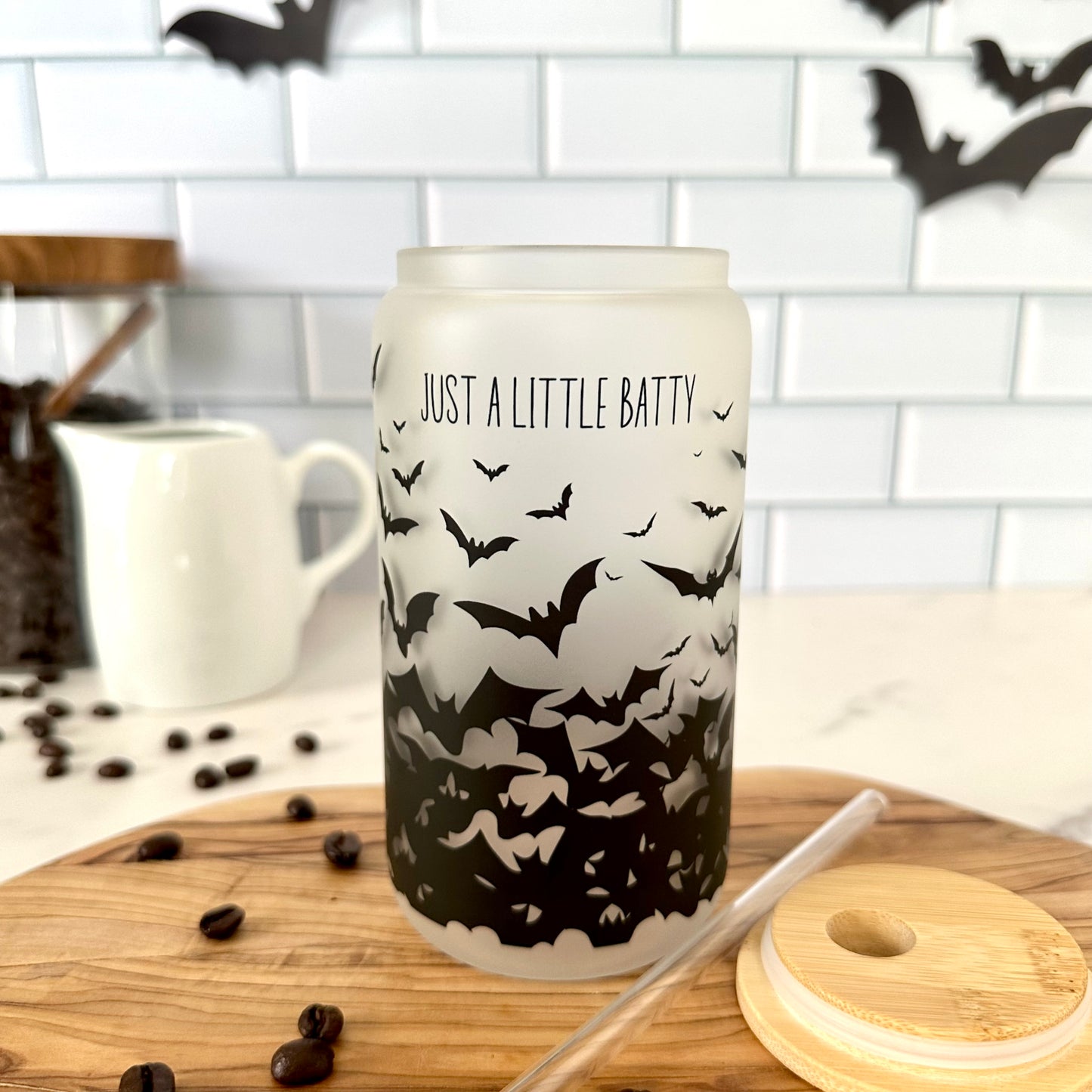 Just a Little Batty Frosted Glass Tumbler with Bamboo Lid and Glass Straw