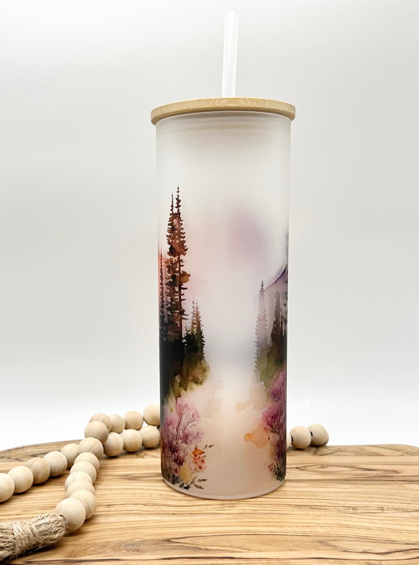 20oz Glass Tumbler with Watercolor Mountain Print