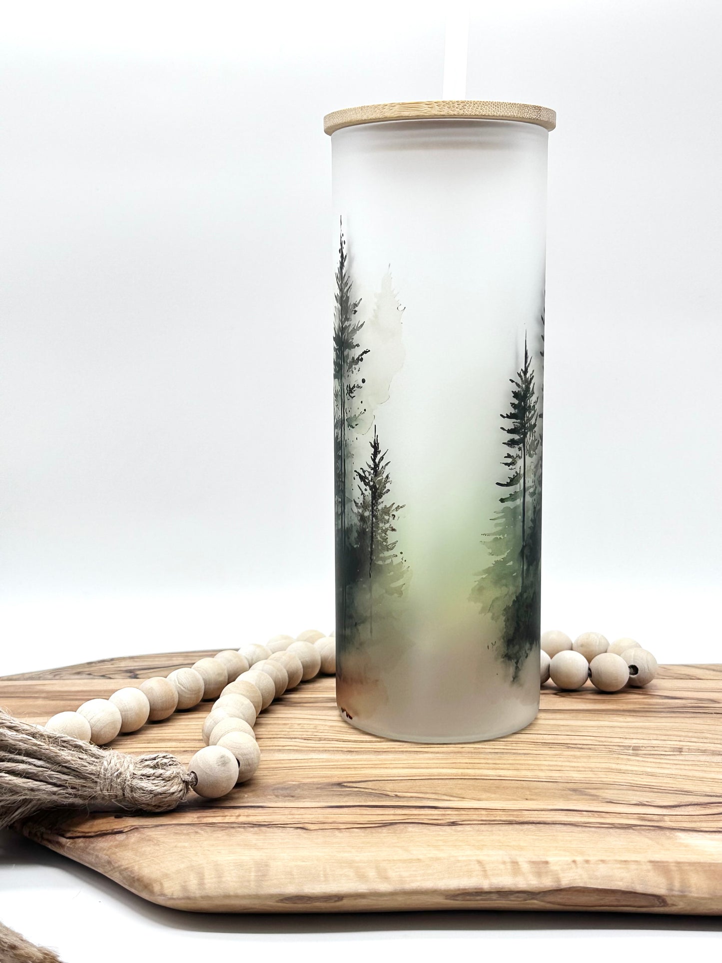 20oz Glass Tumbler with Watercolor Forest Print