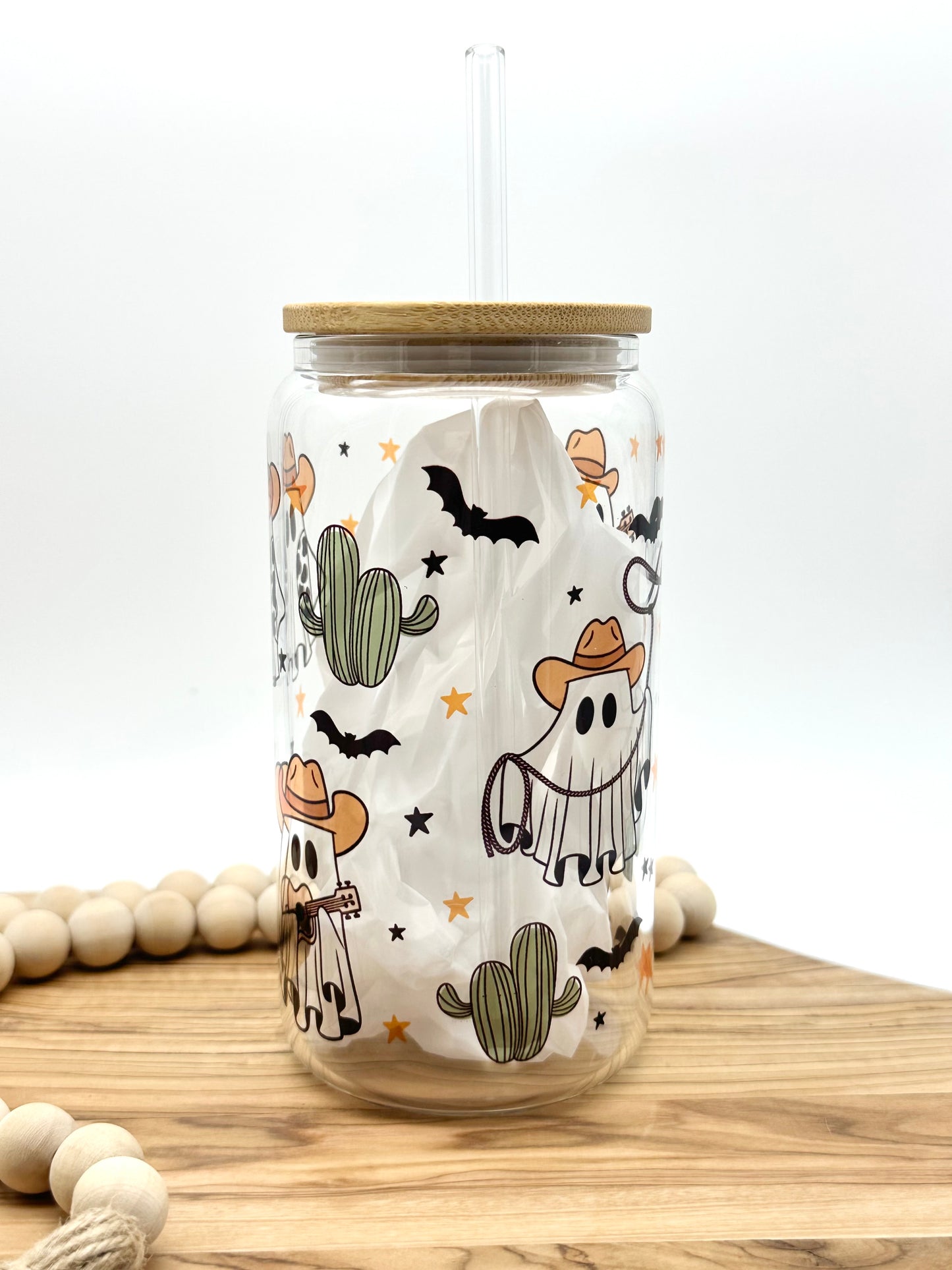 Halloween Glass Cowboy Ghost Tumbler Iced Coffee Cup