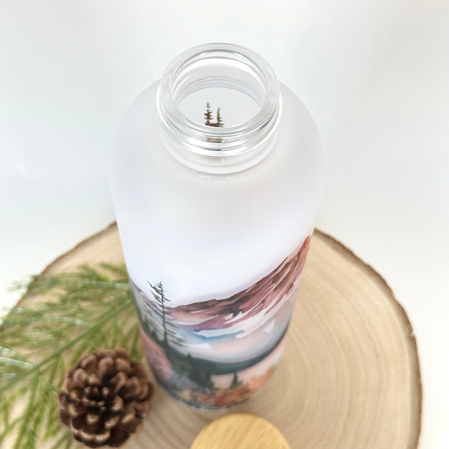 Mountain Landscape Glass Water Bottle