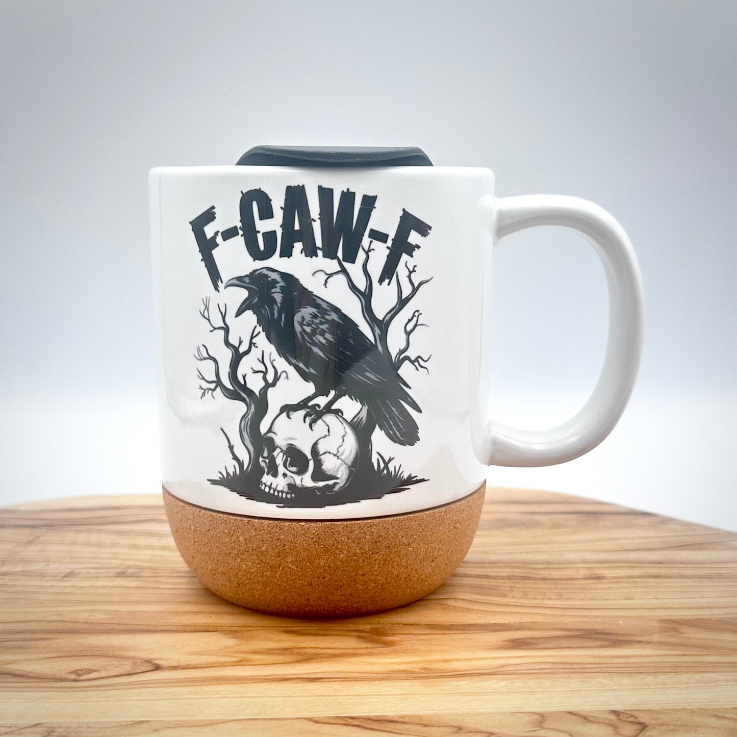 15oz Raven Skull Coffee Mug with Cork Bottom and Lid