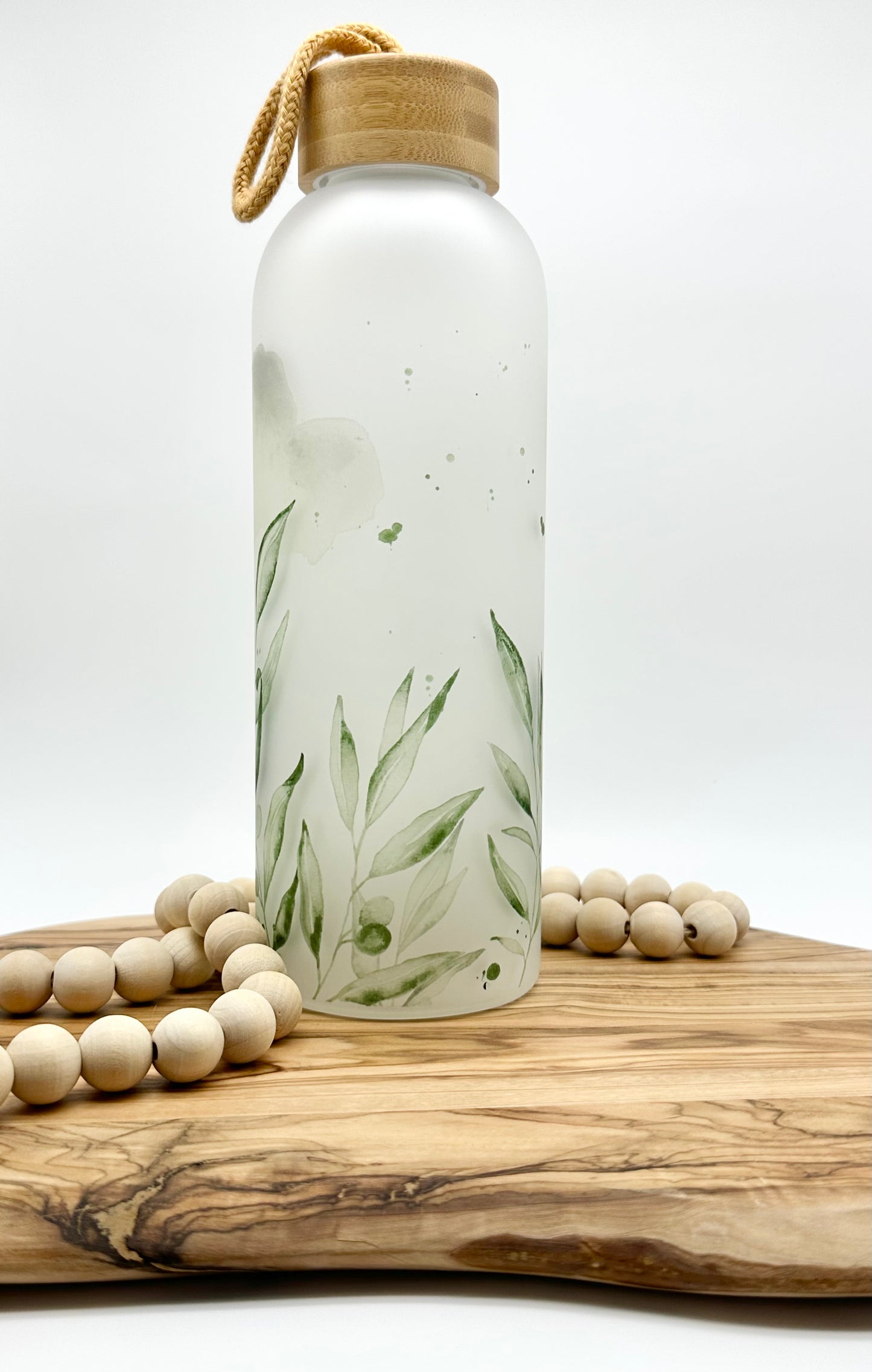 Olive Leaf Glass Water Bottle