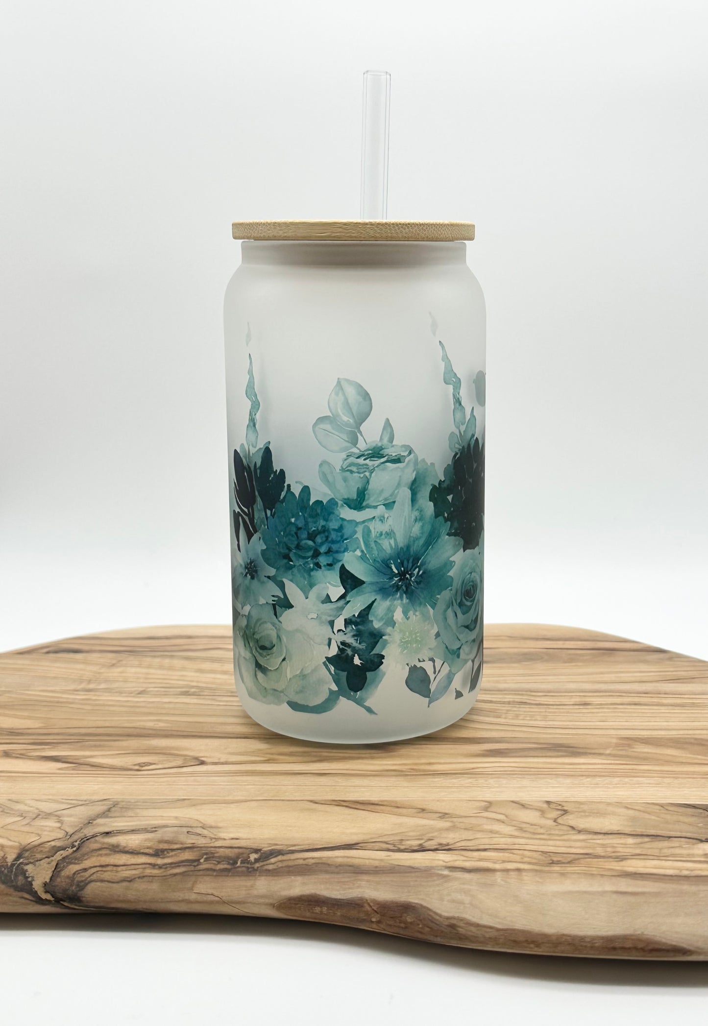 Teal Floral Glass Cup