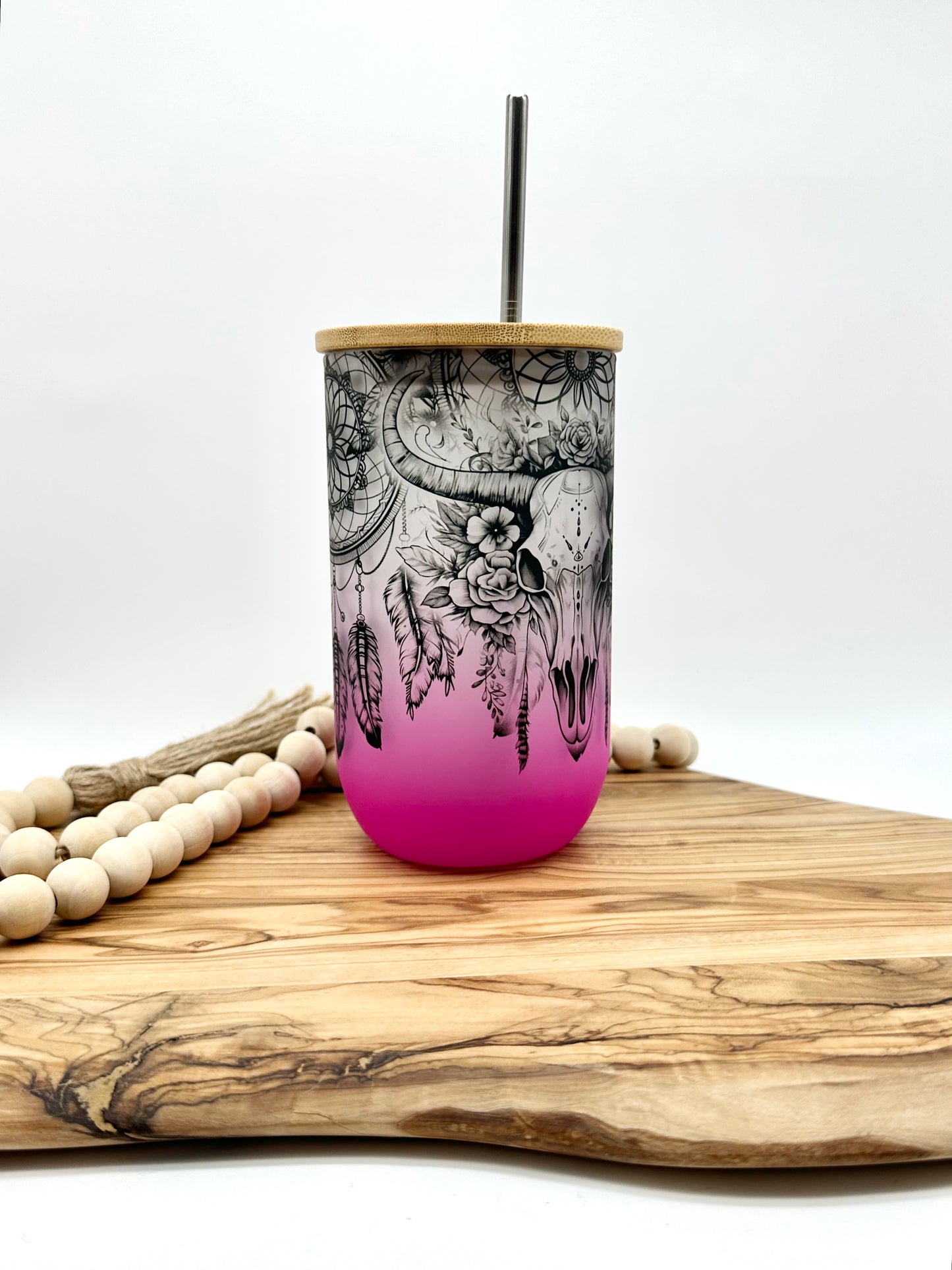 Pink Cow Skull Wine Glass Tumbler