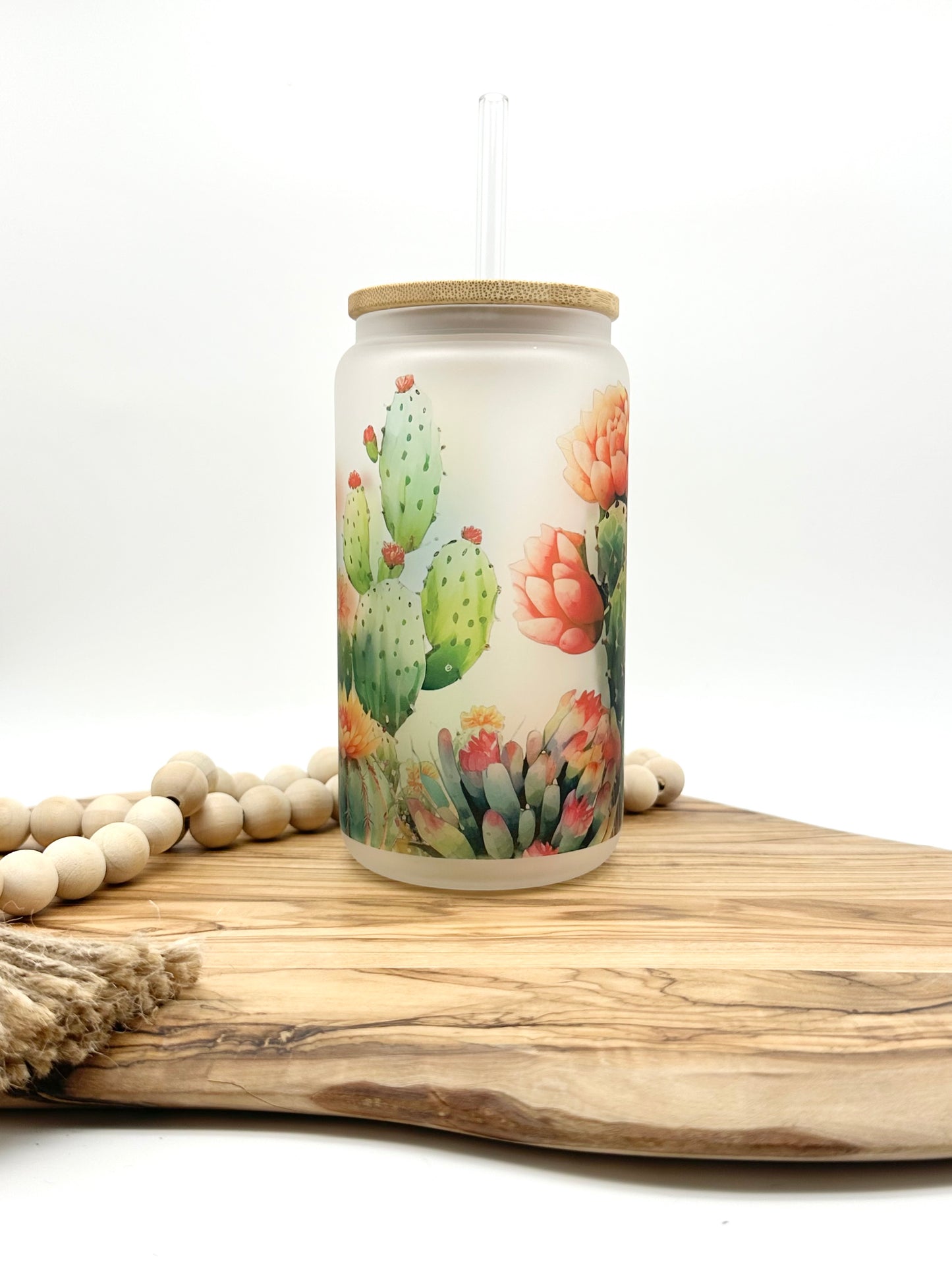 Cactus 18oz Frosted Glass Can with Bamboo Lid and Glass Straw