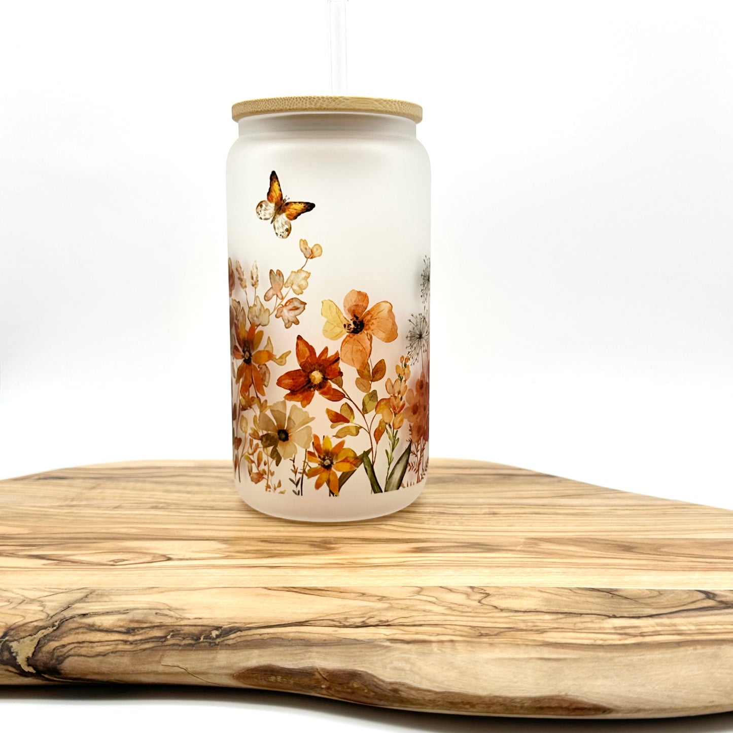 Fall Wildflower Frosted Glass Can with Bamboo Lid and Glass Straw