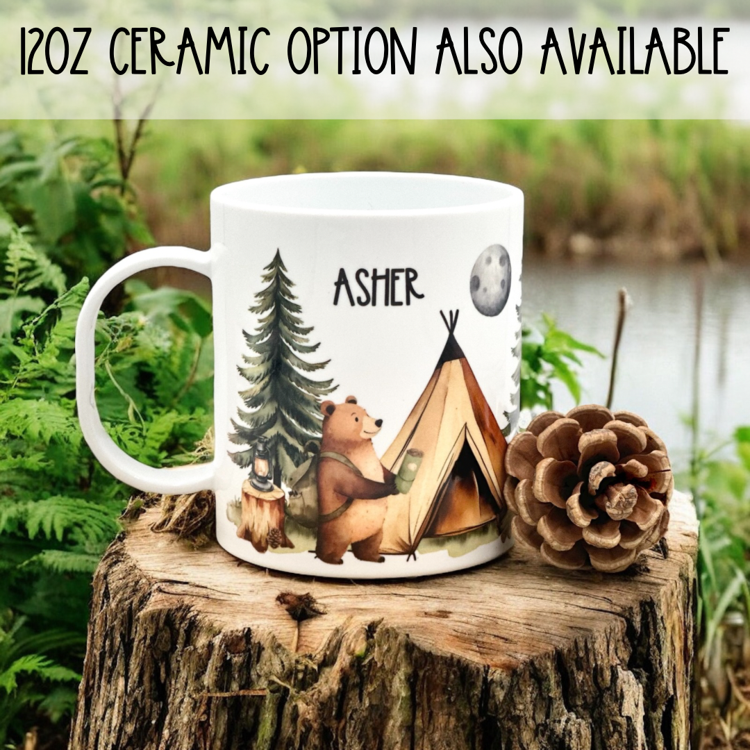 Custom Kids Camping Mug – 11oz Durable Plastic Mug with Bear and Tent Design, Personalized with Name
