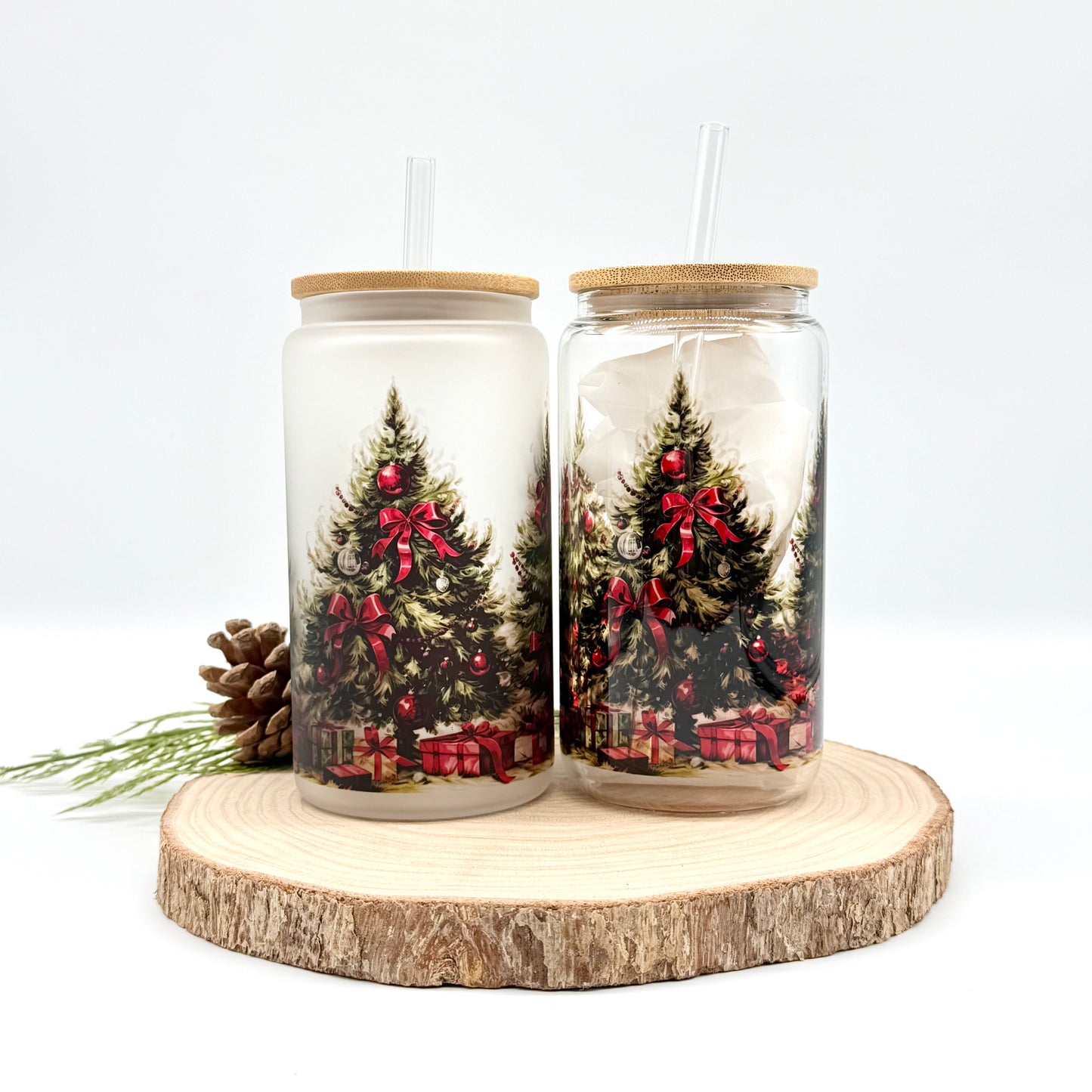 Christmas Tree Glass Tumbler - 16oz Iced Coffee Cup