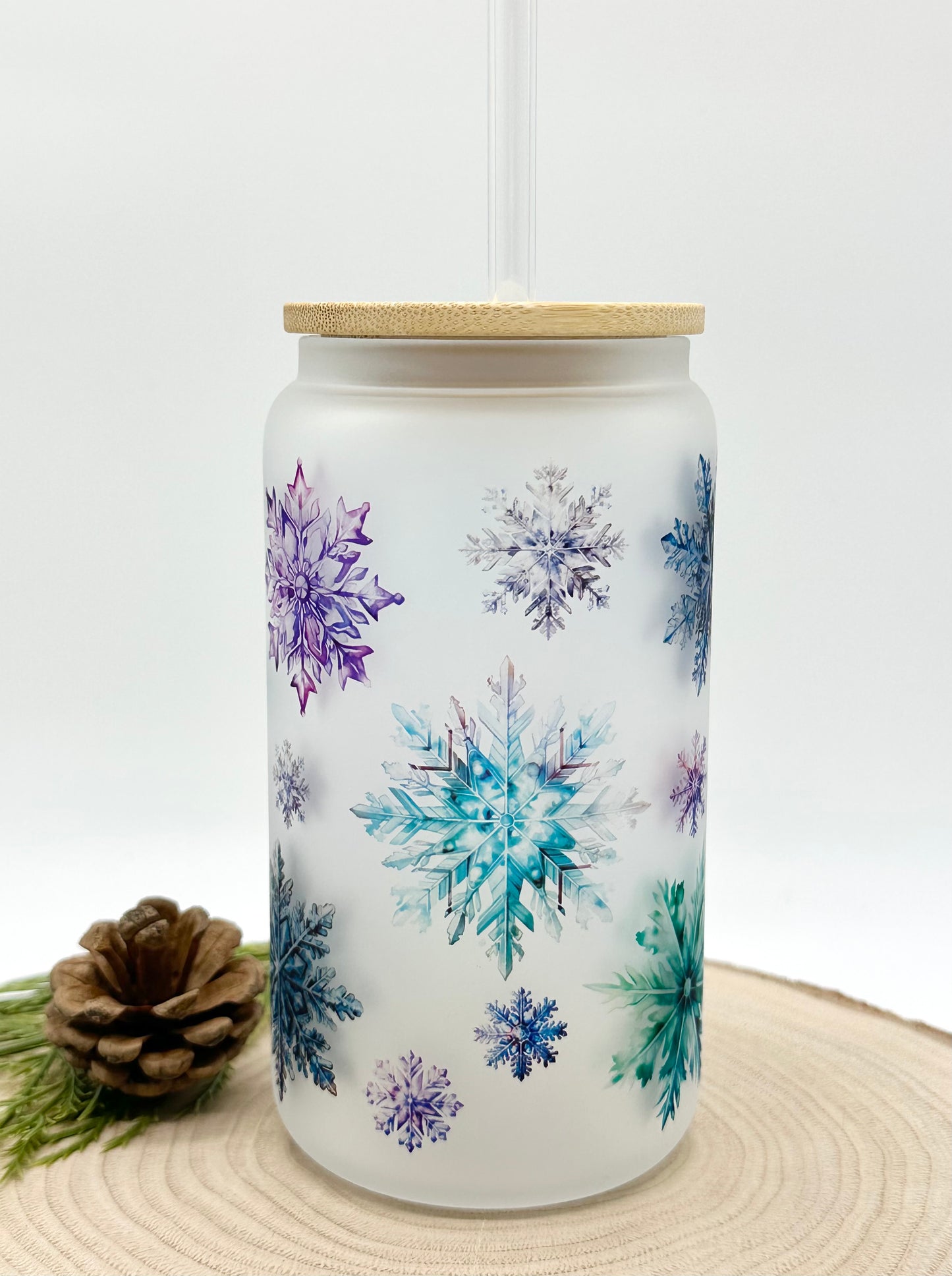 Snowflake Frosted Glass Cup with Bamboo Lid and Glass Straw