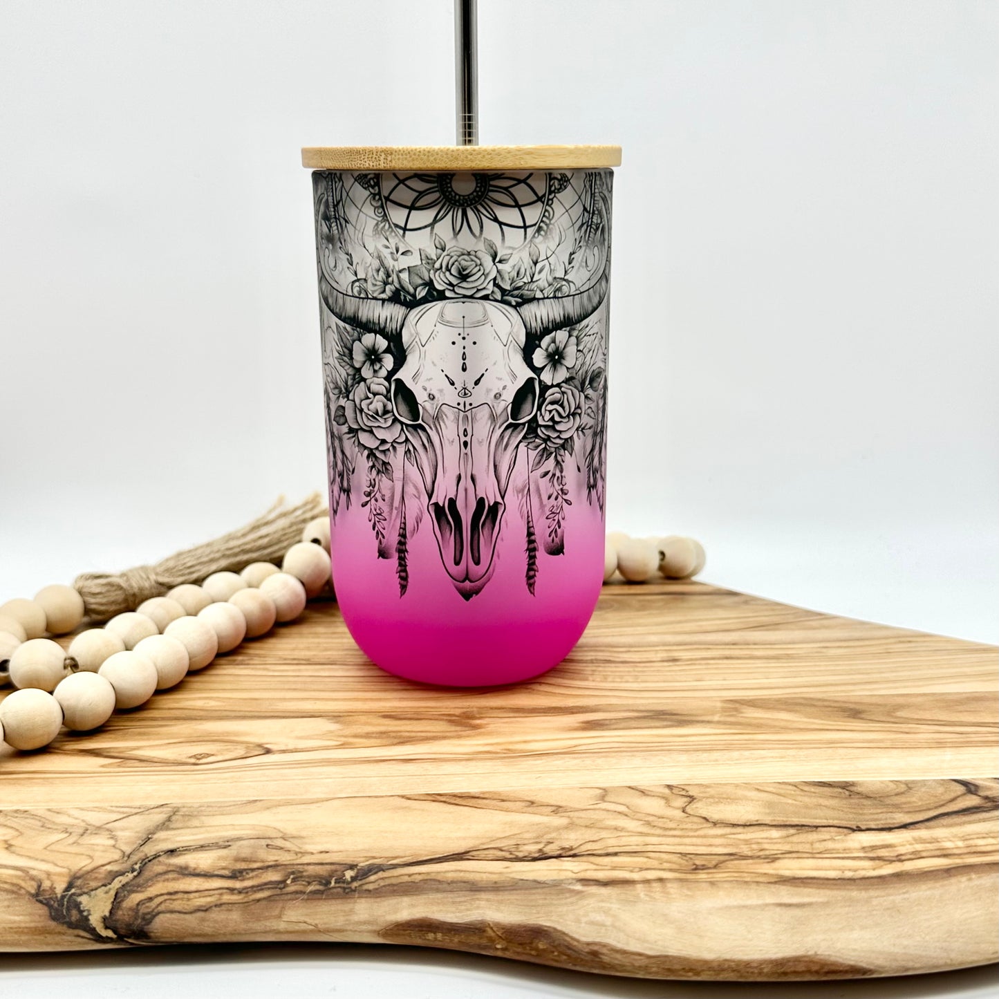 Pink Cow Skull Wine Glass Tumbler