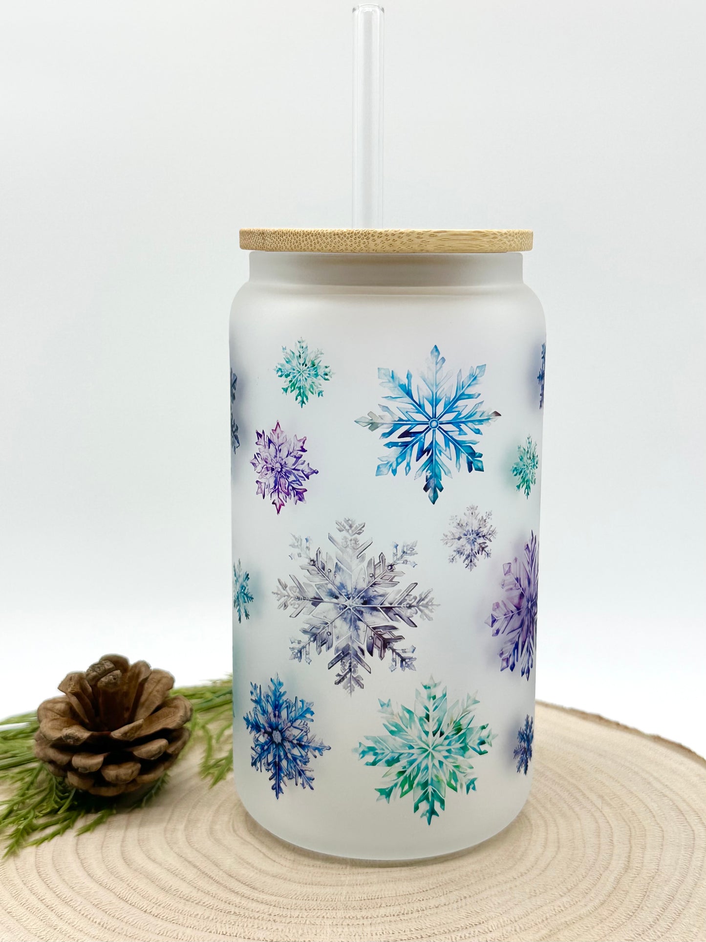 Snowflake Frosted Glass Cup with Bamboo Lid and Glass Straw