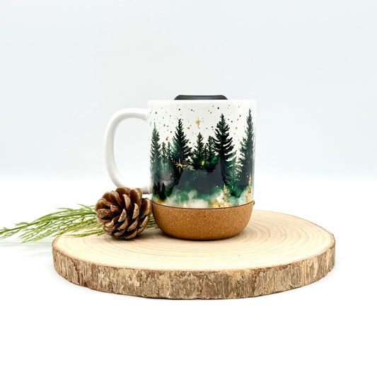 12oz Christmas Forest Coffee Mug with Cork Base and Plastic Lid