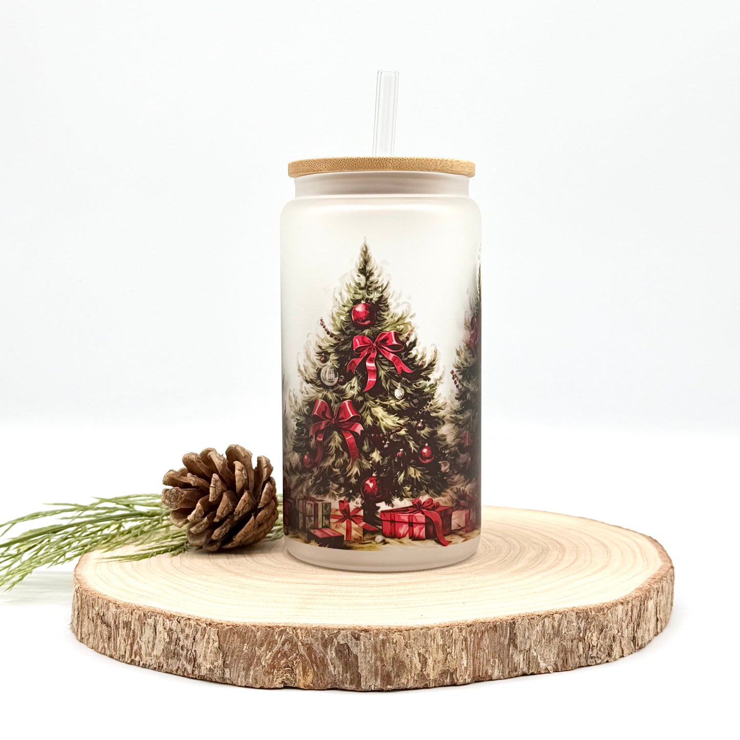 Christmas Tree Glass Tumbler - 16oz Iced Coffee Cup
