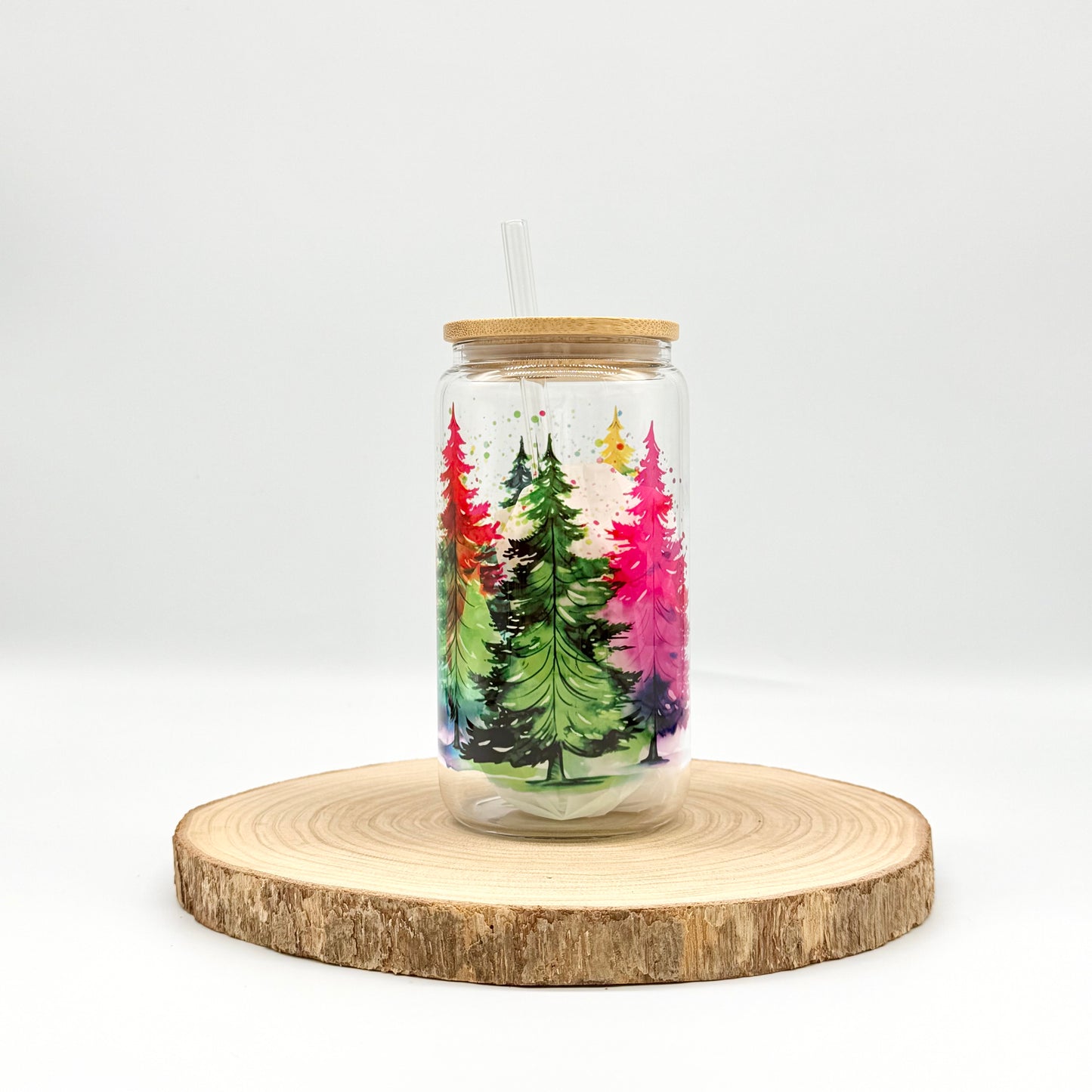 Colorful Christmas Tree Glass Tumbler - 16oz Iced Coffee Cup