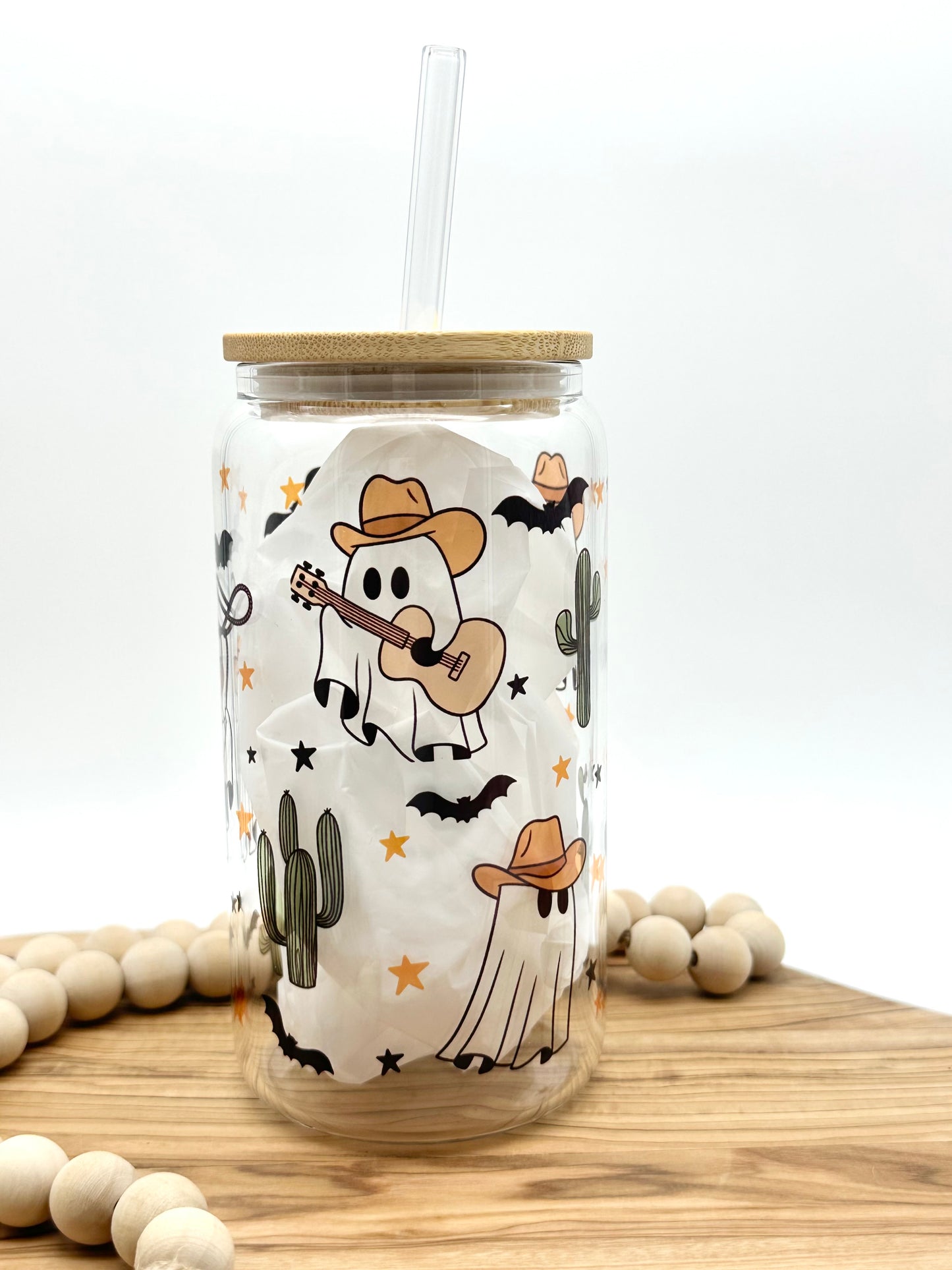 Halloween Glass Cowboy Ghost Tumbler Iced Coffee Cup