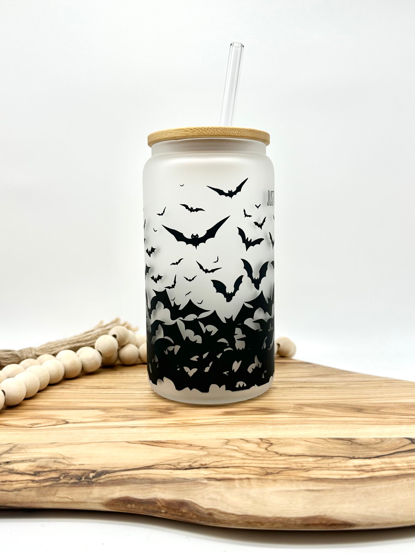 Just a Little Batty Frosted Glass Tumbler with Bamboo Lid and Glass Straw