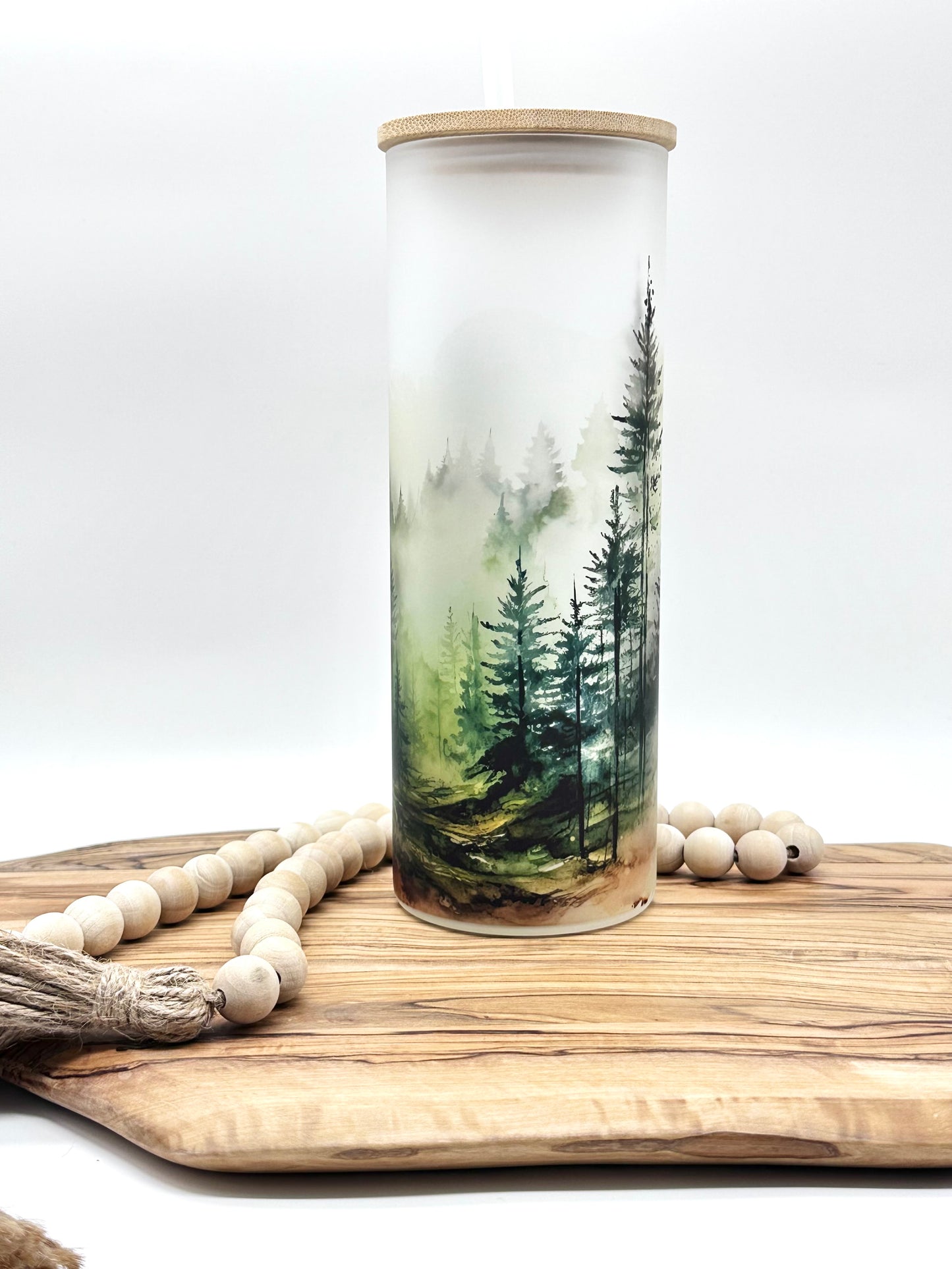 20oz Glass Tumbler with Watercolor Forest Print