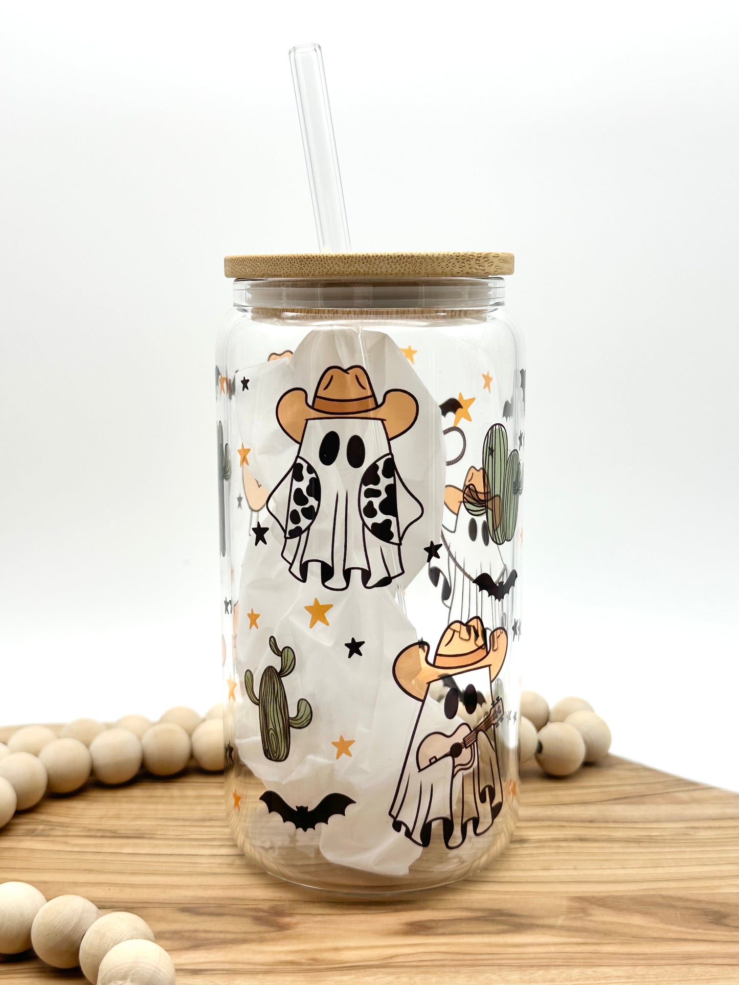 Halloween Glass Cowboy Ghost Tumbler Iced Coffee Cup