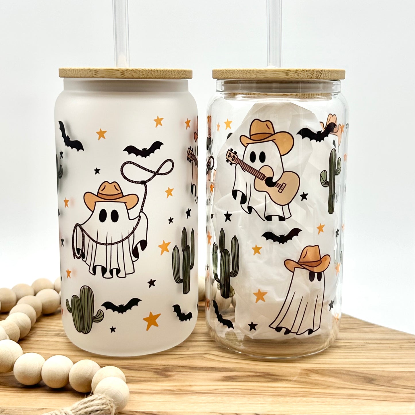 Halloween Glass Cowboy Ghost Tumbler Iced Coffee Cup