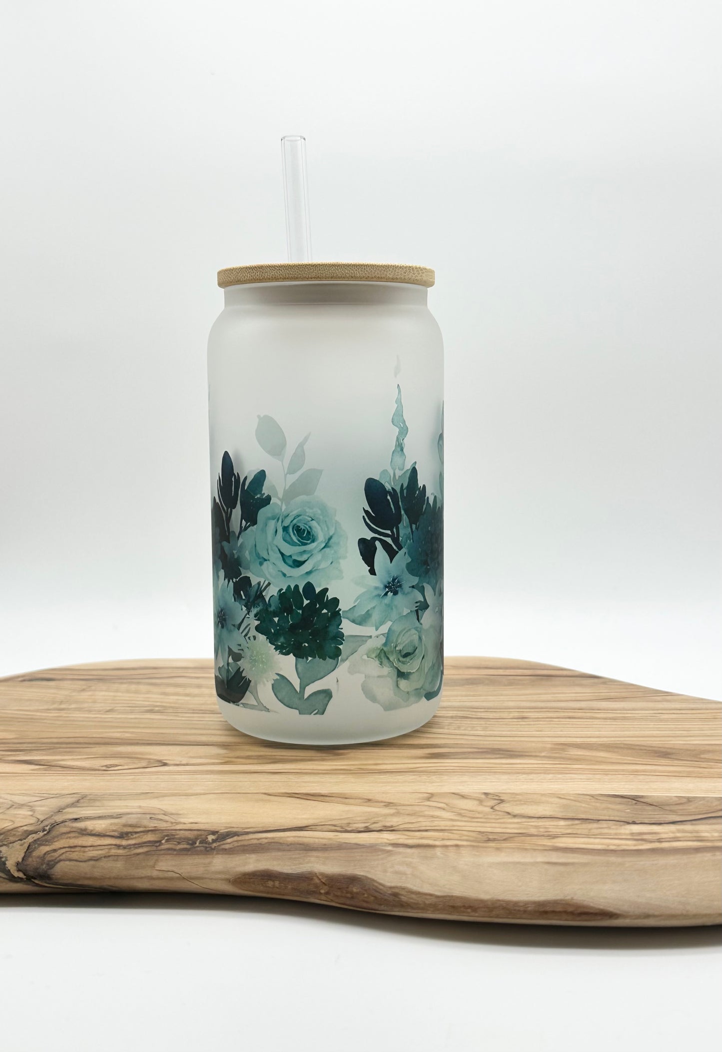 Teal Floral Glass Cup