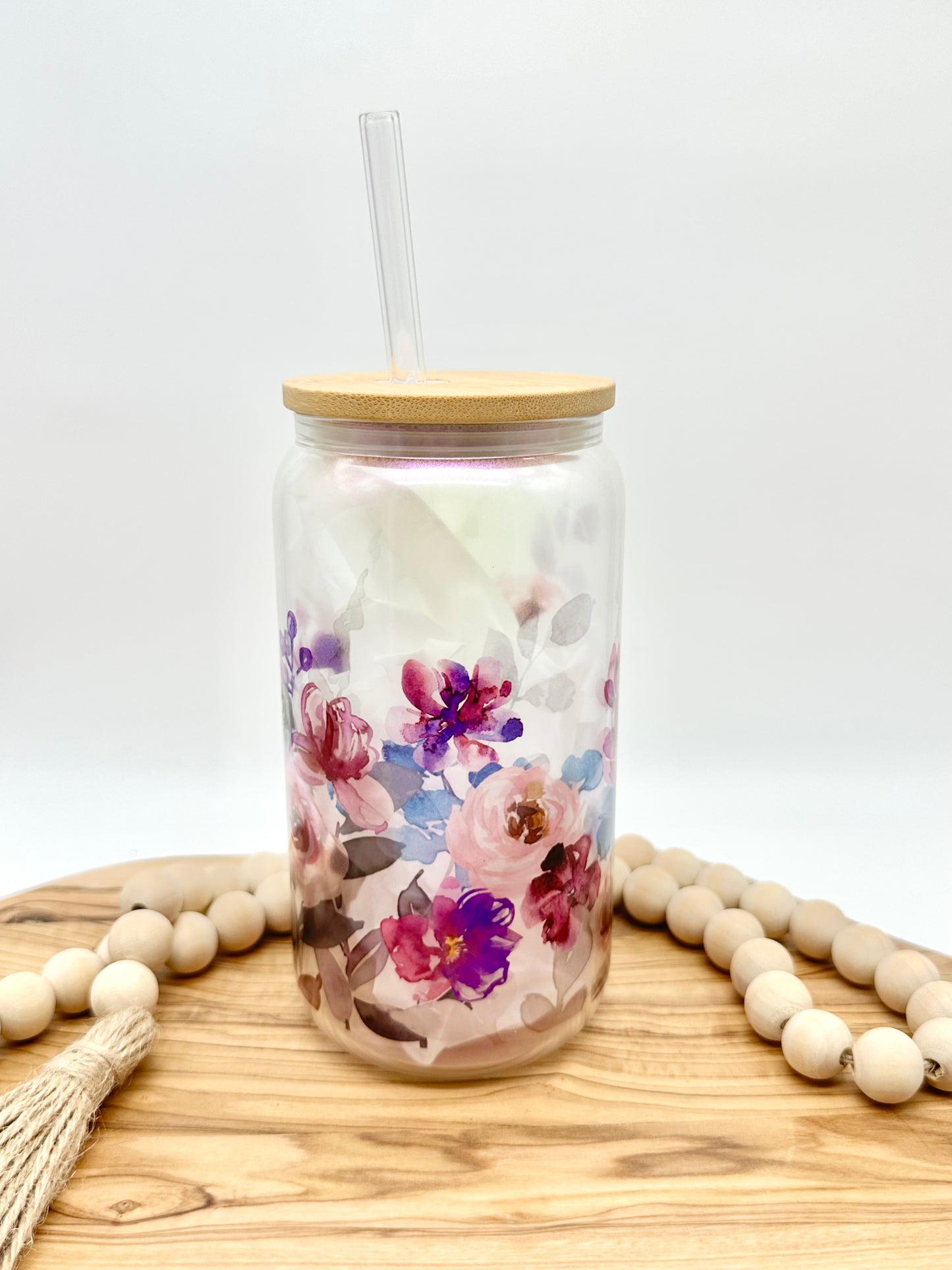 Purple Floral Shimmer Glass Tumbler