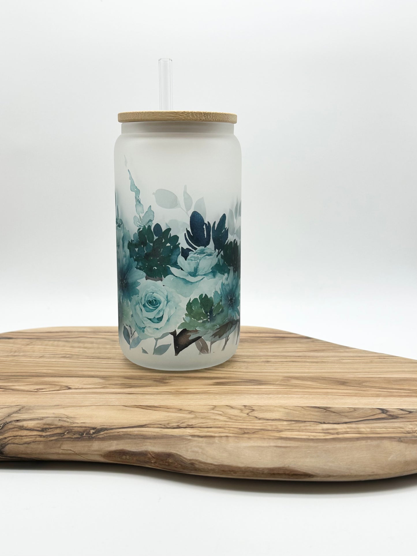 Teal Floral Glass Cup