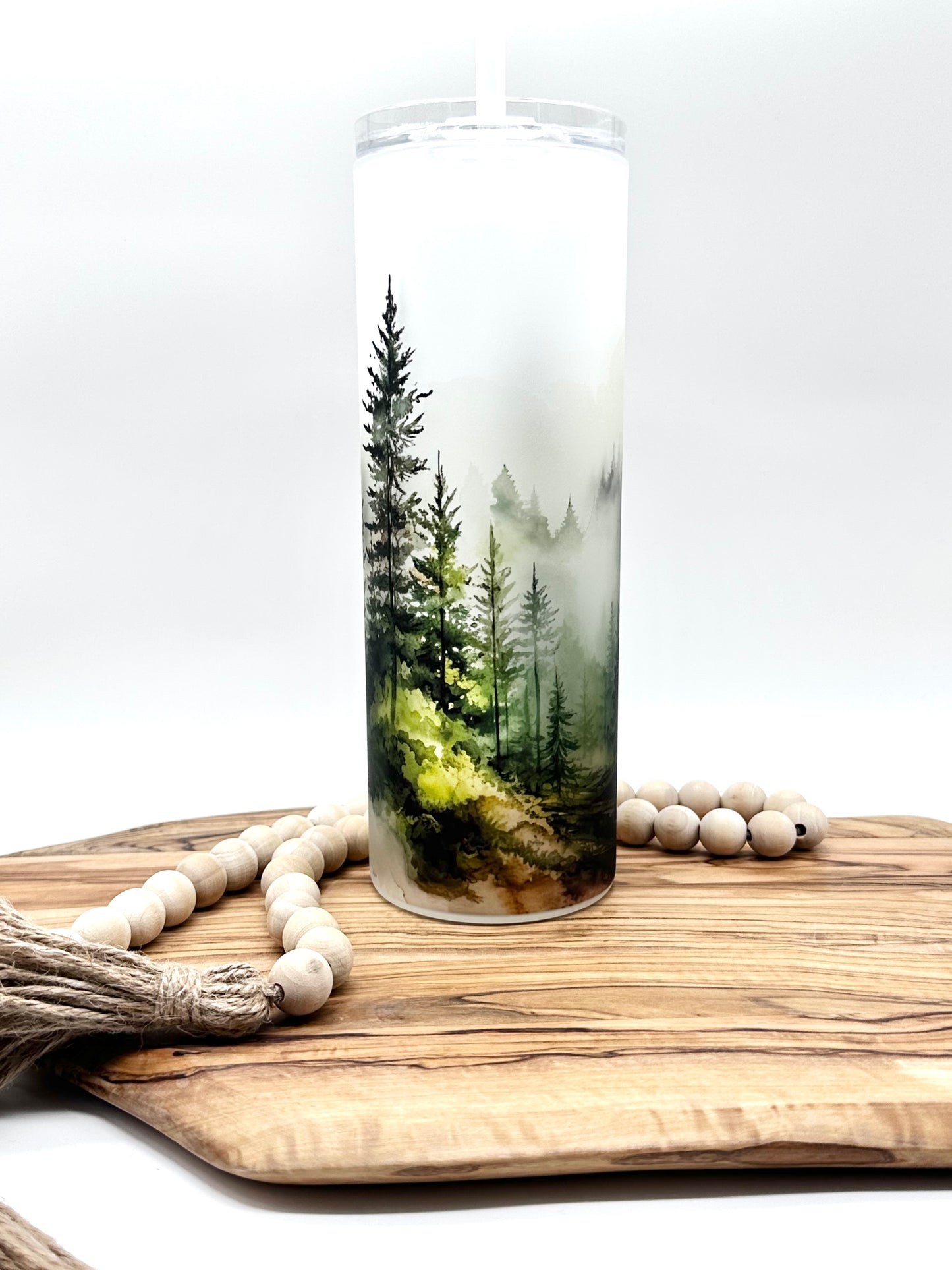 20oz Glass Tumbler with Watercolor Forest Print