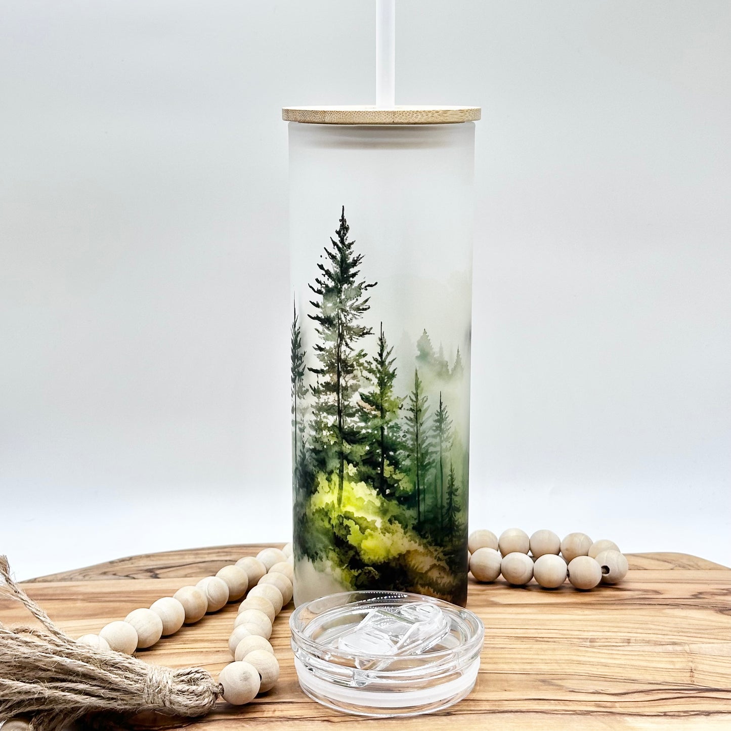 20oz Glass Tumbler with Watercolor Forest Print