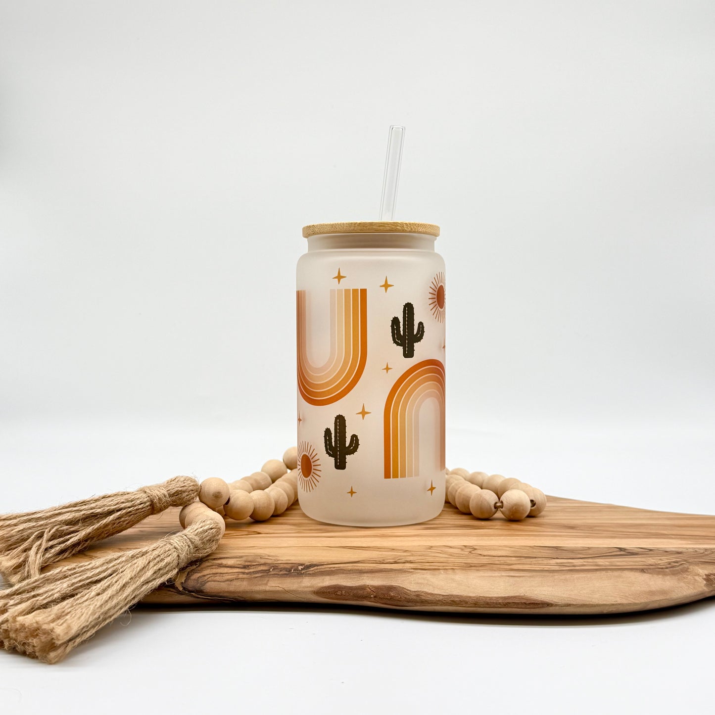 Cactus Rainbow Iced Coffee Cup- 16oz Boho Frosted Glass Tumbler with Lid and Straw