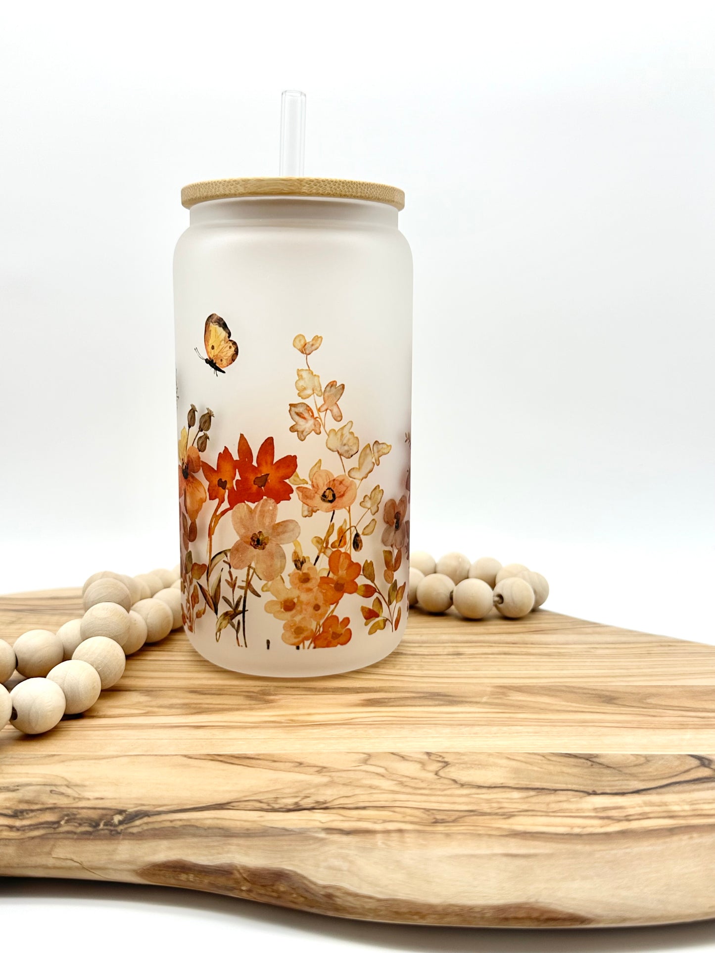 Fall Wildflower Frosted Glass Can with Bamboo Lid and Glass Straw