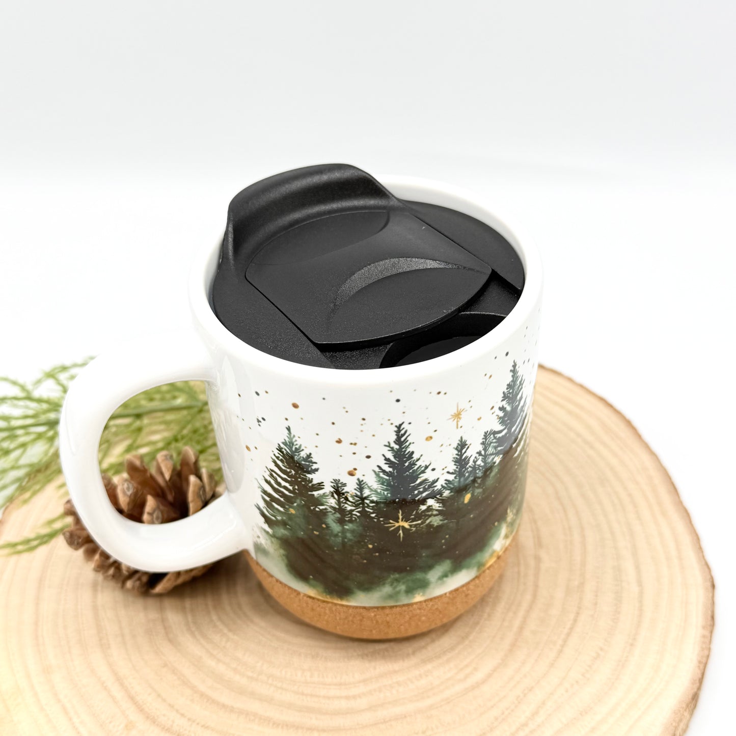 12oz Christmas Forest Coffee Mug with Cork Base and Plastic Lid