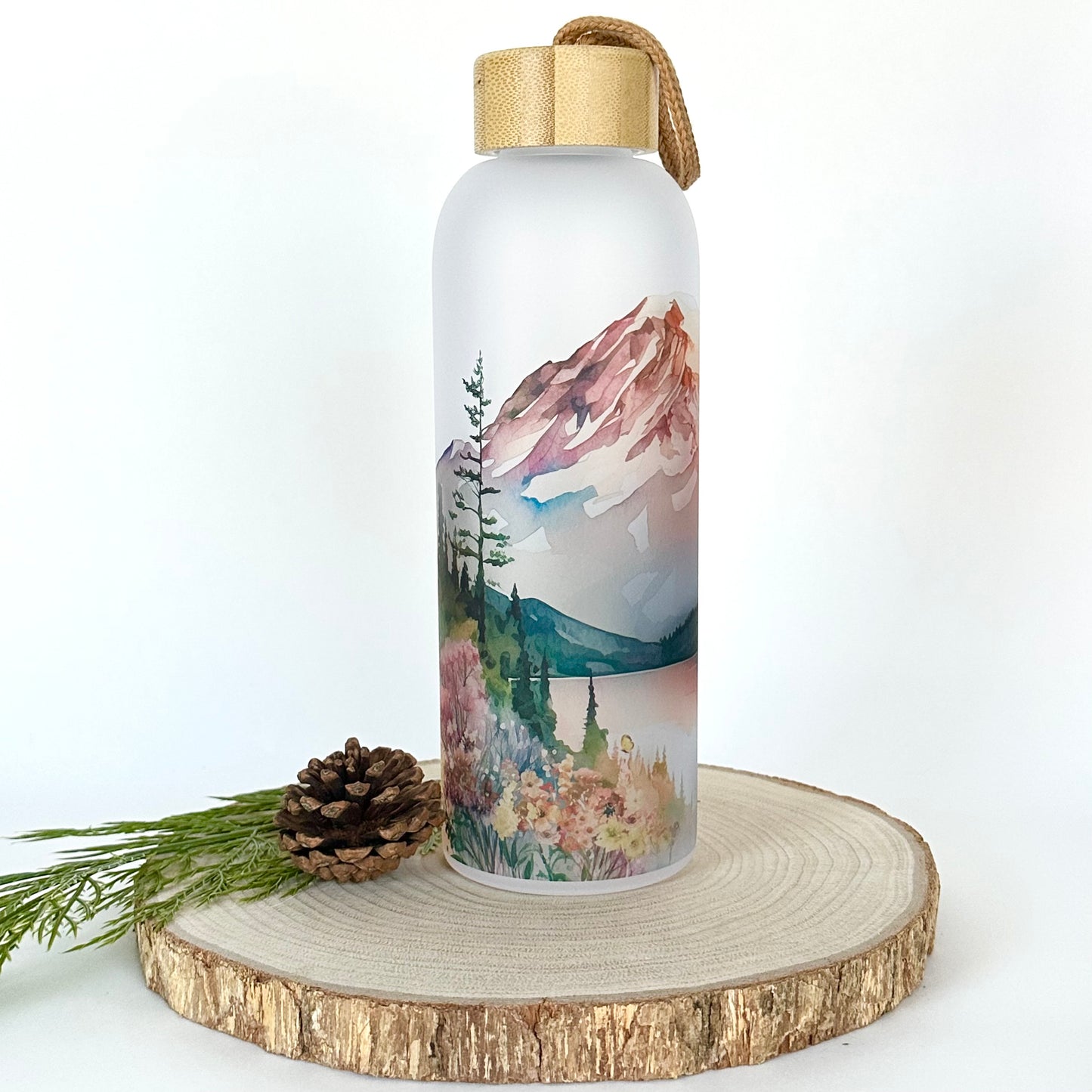 Mountain Landscape Glass Water Bottle