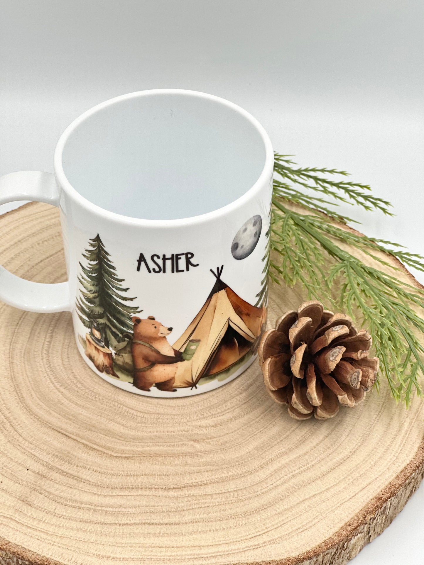 Custom Kids Camping Mug – 11oz Durable Plastic Mug with Bear and Tent Design, Personalized with Name
