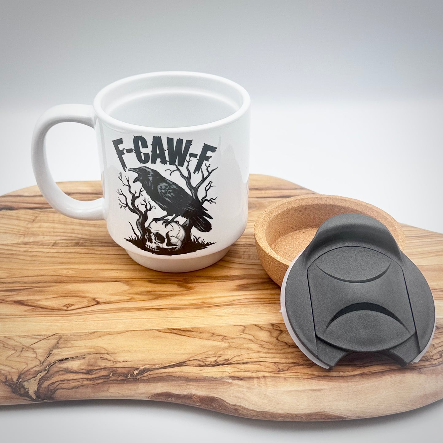 15oz Raven Skull Coffee Mug with Cork Bottom and Lid