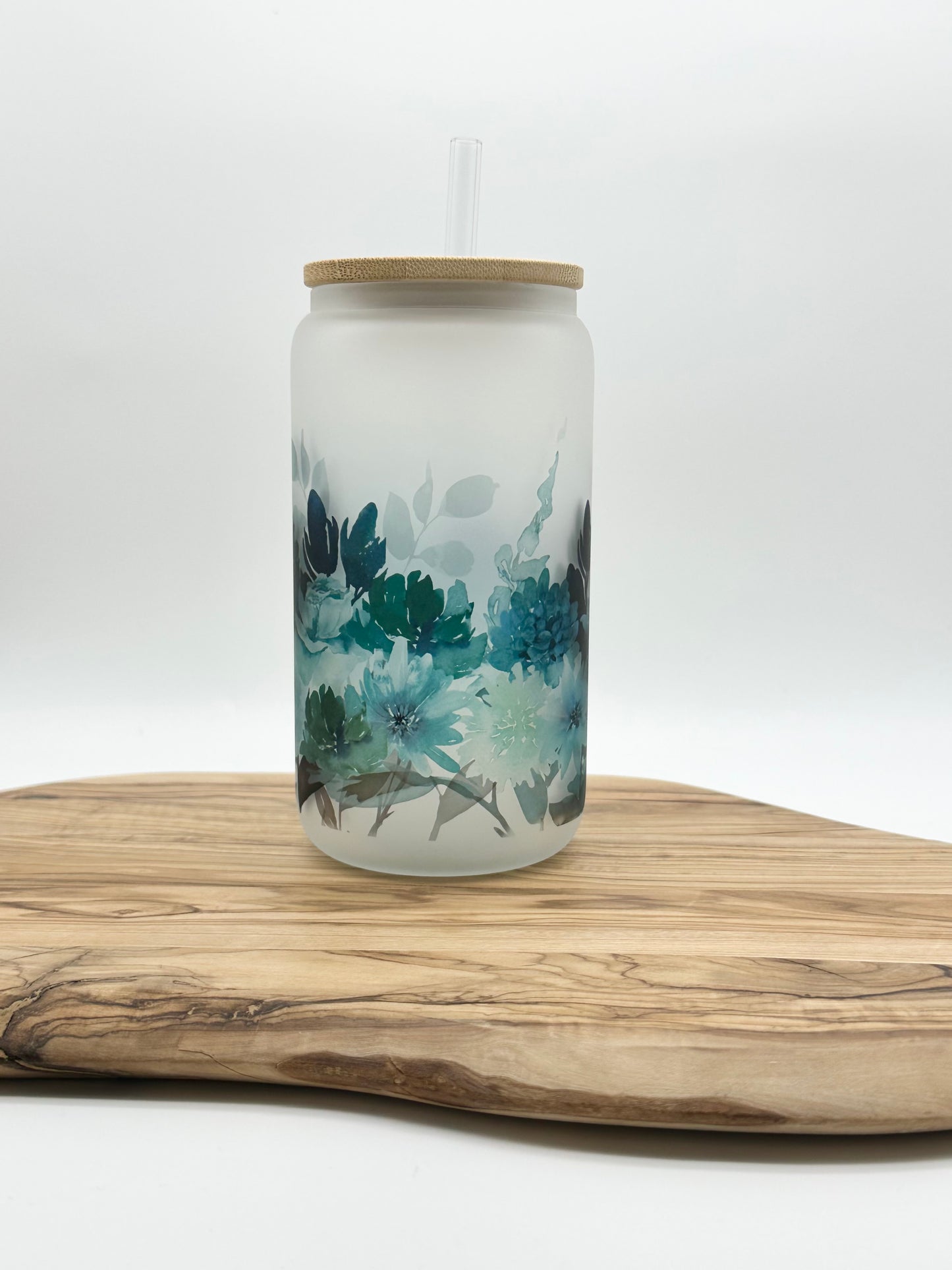 Teal Floral Glass Cup