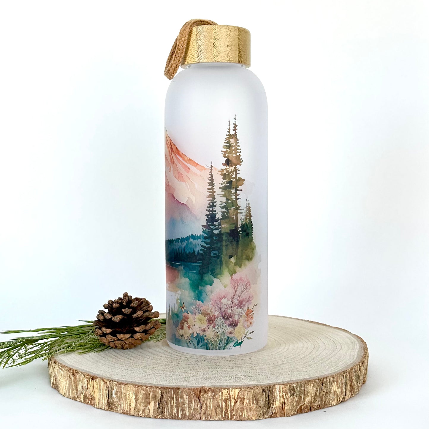 Mountain Landscape Glass Water Bottle