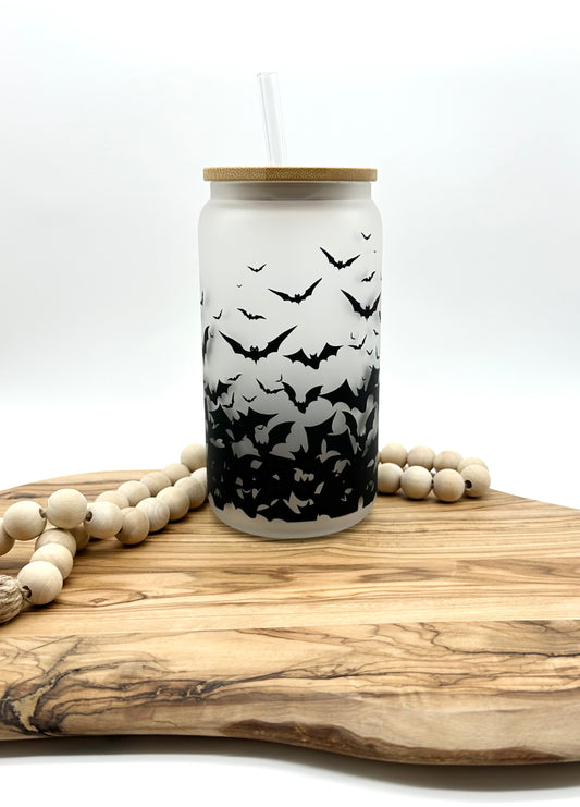 Bats Glass Cup with Bamboo Lid and Glass Straw