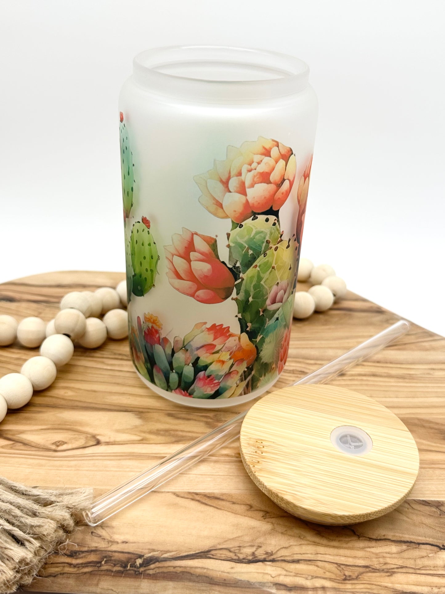 Cactus 18oz Frosted Glass Can with Bamboo Lid and Glass Straw