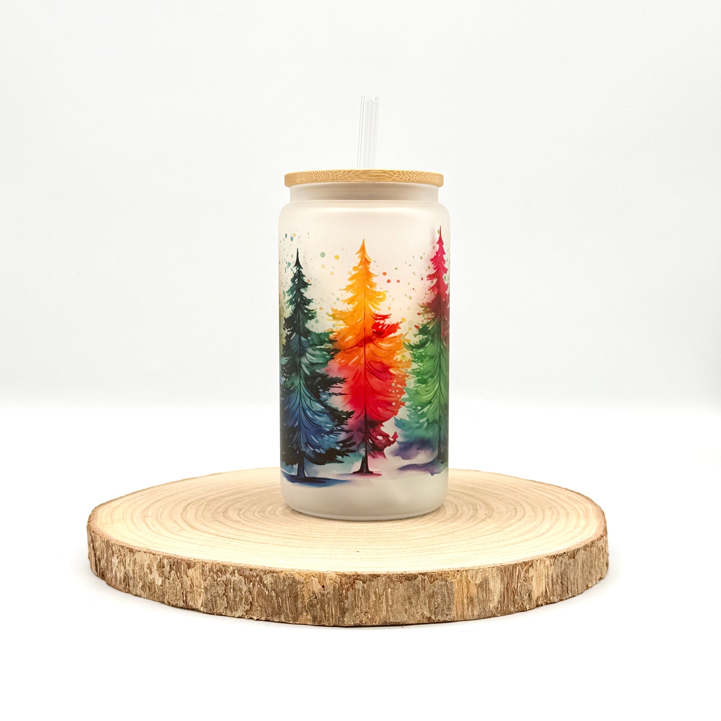 Colorful Christmas Tree Glass Tumbler - 16oz Iced Coffee Cup