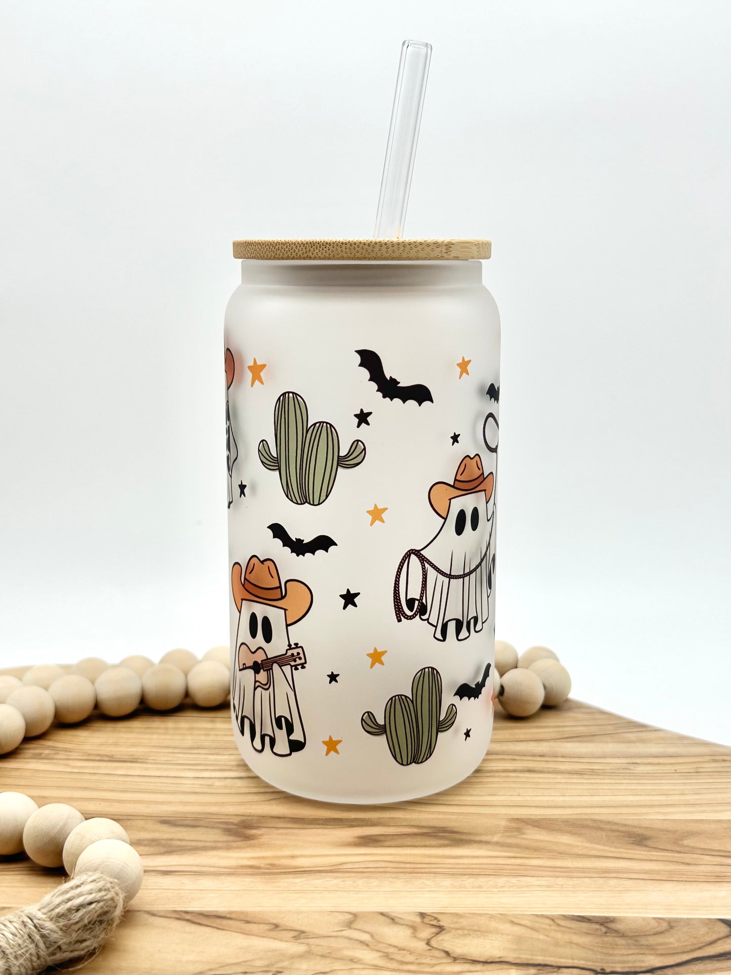 Halloween Glass Cowboy Ghost Tumbler Iced Coffee Cup