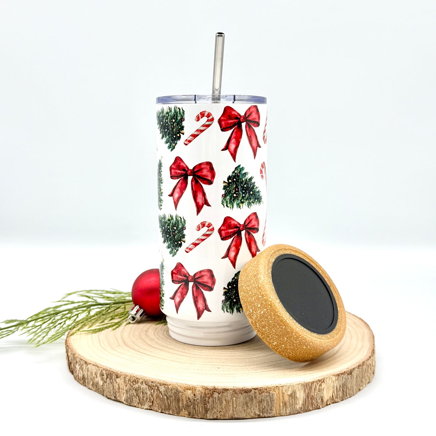 Christmas Trees and Bows Tumbler - 17oz Insulated Tumbler with Cork Bottom